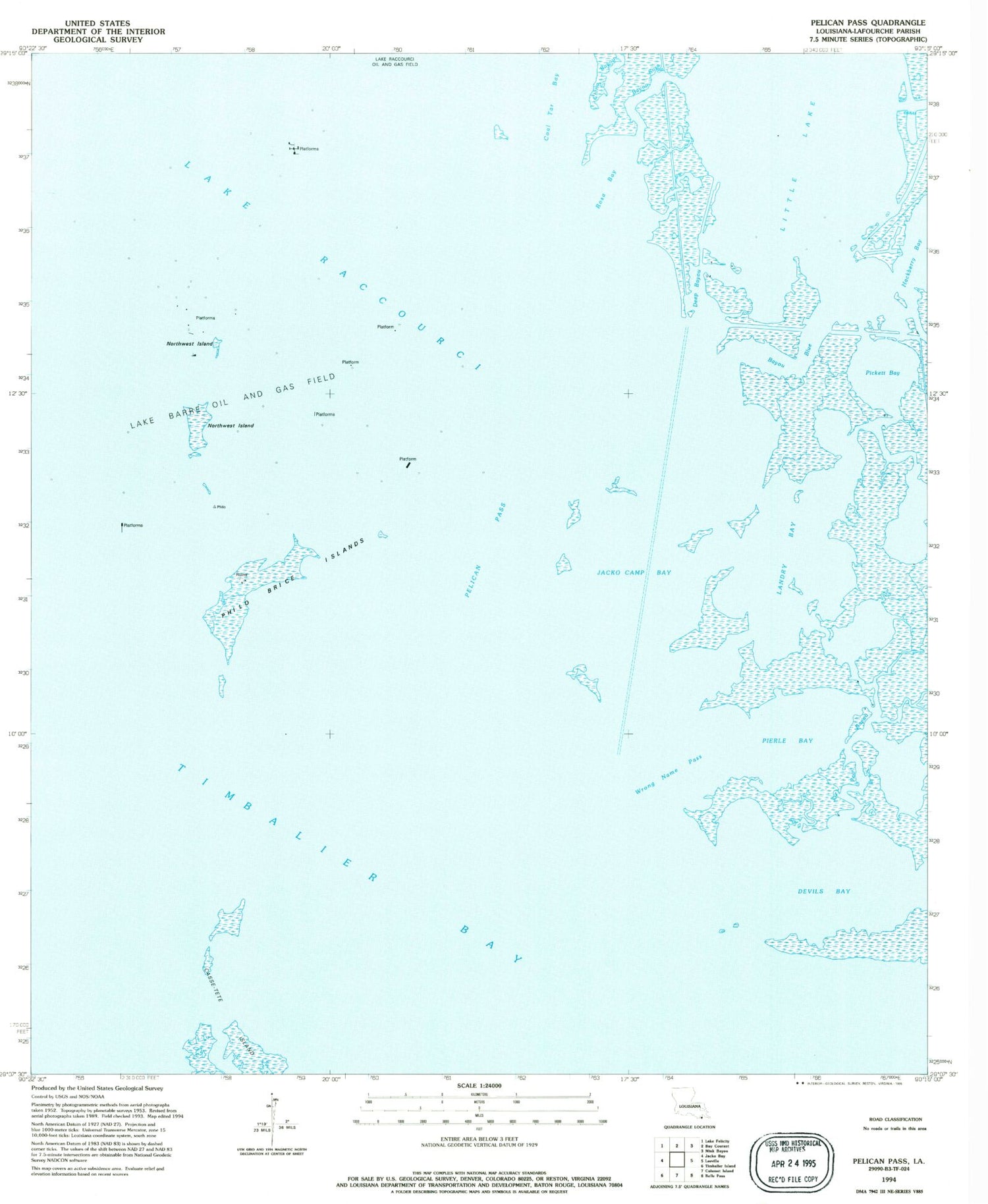 Classic USGS Pelican Pass Louisiana 7.5'x7.5' Topo Map Image