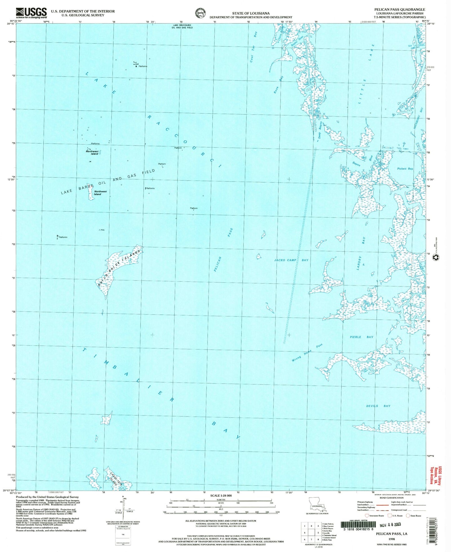 Classic USGS Pelican Pass Louisiana 7.5'x7.5' Topo Map Image