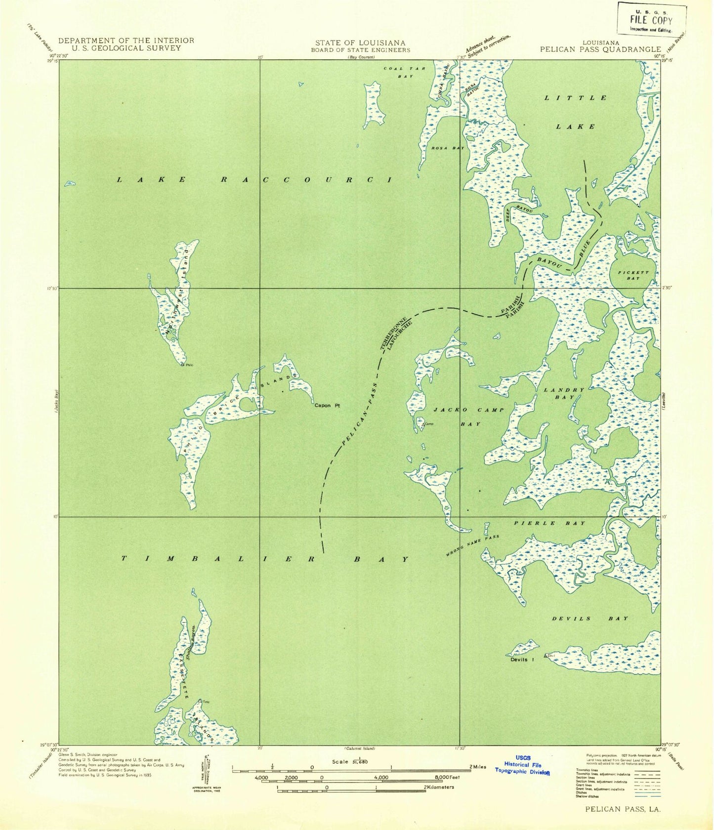 Classic USGS Pelican Pass Louisiana 7.5'x7.5' Topo Map Image