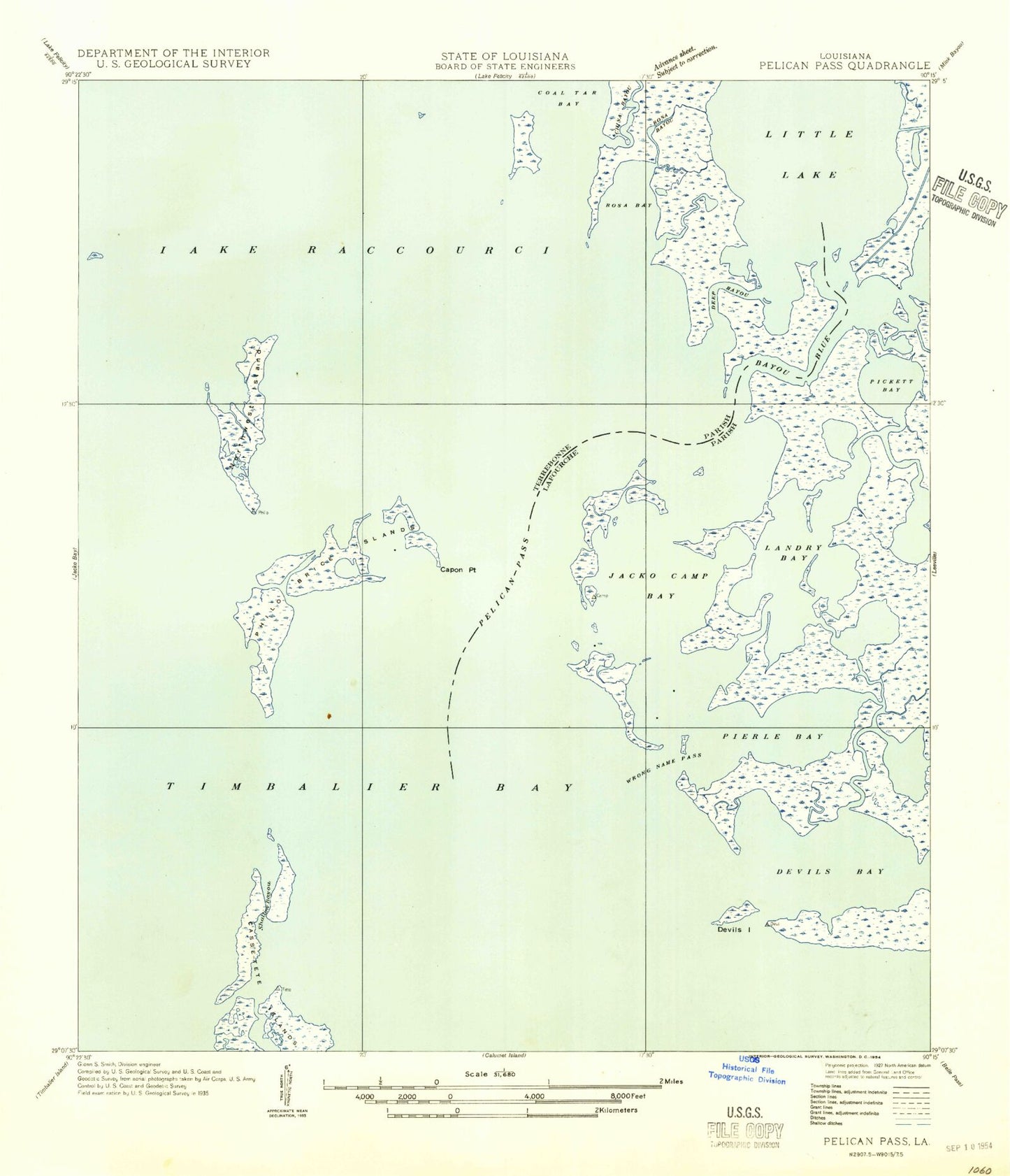 Classic USGS Pelican Pass Louisiana 7.5'x7.5' Topo Map Image