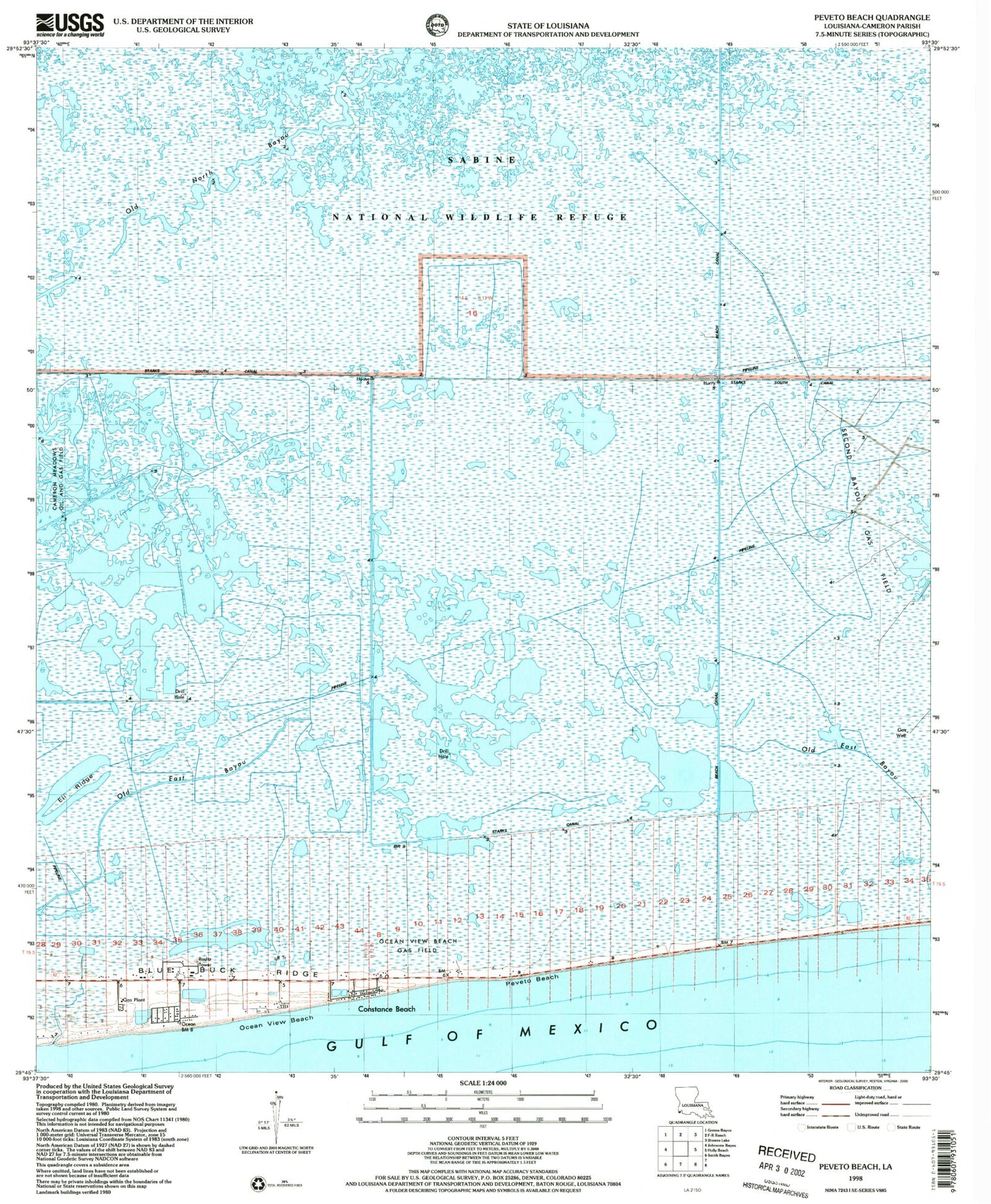 Classic USGS Peveto Beach Louisiana 7.5'x7.5' Topo Map Image