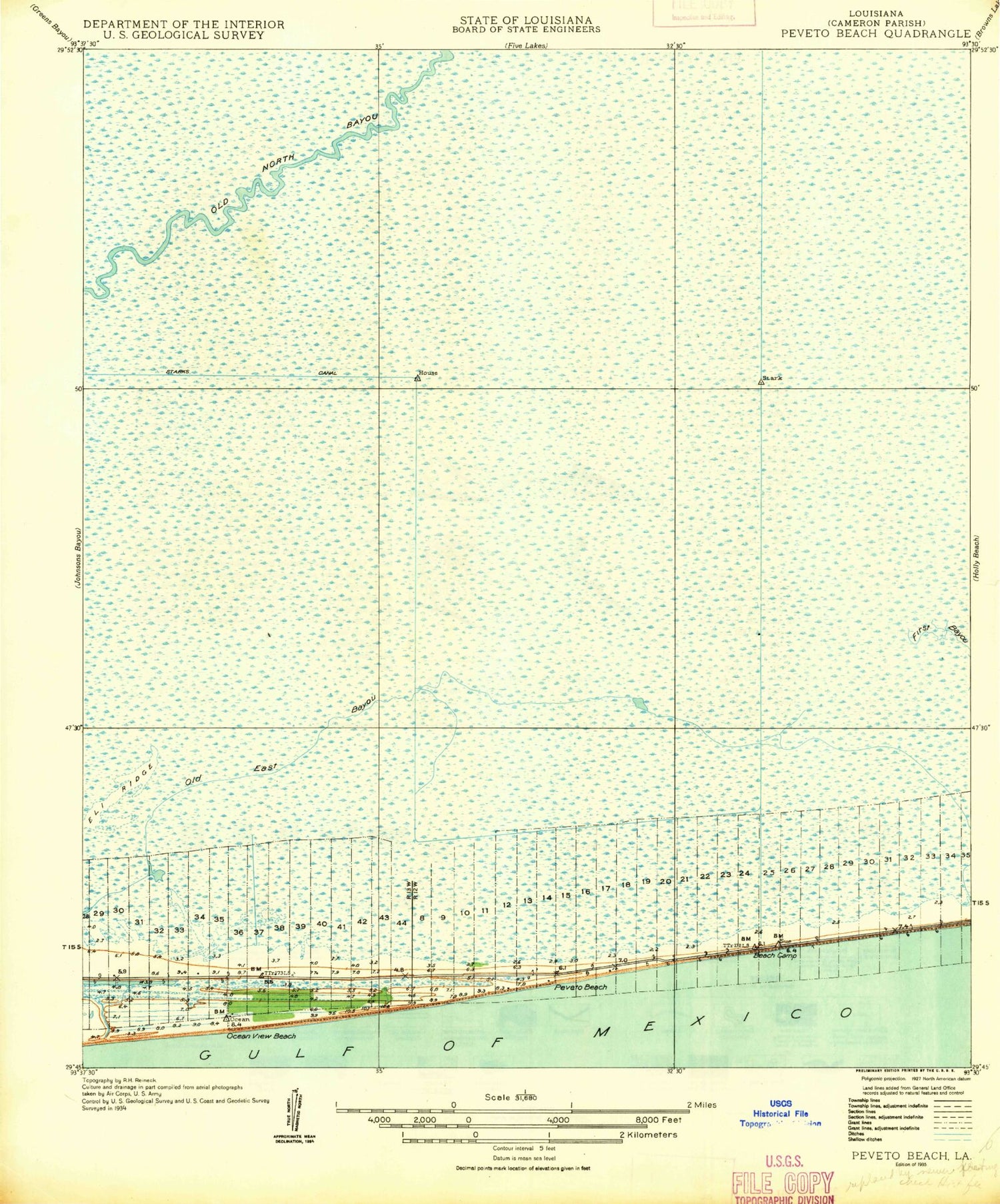 Classic USGS Peveto Beach Louisiana 7.5'x7.5' Topo Map Image