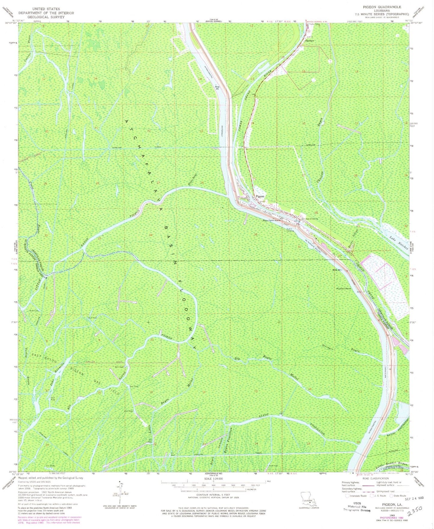 Classic USGS Pigeon Louisiana 7.5'x7.5' Topo Map Image