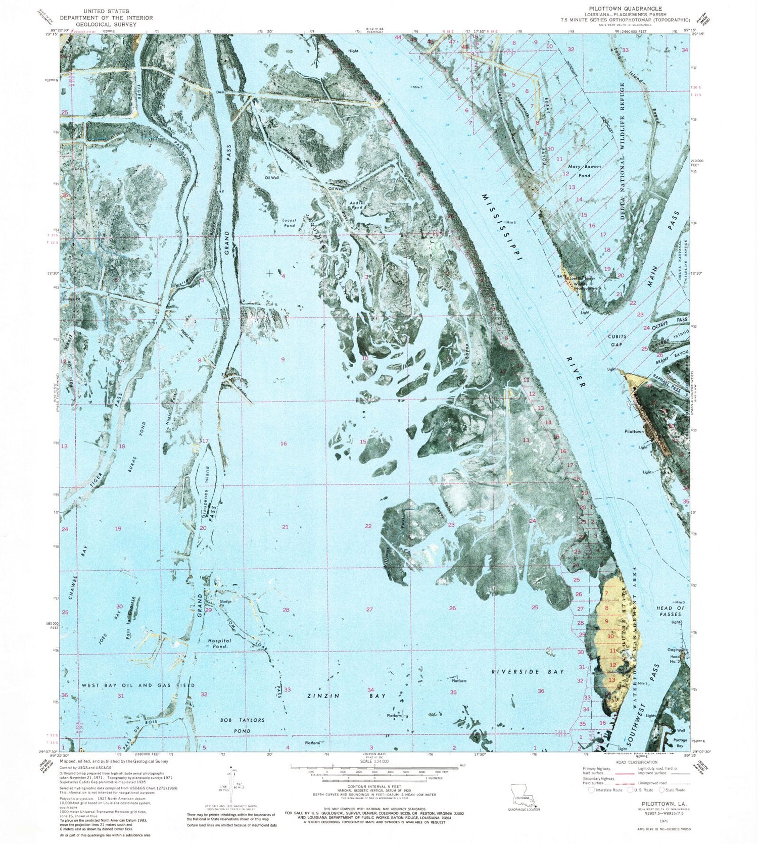 Classic USGS Pilottown Louisiana 7.5'x7.5' Topo Map Image