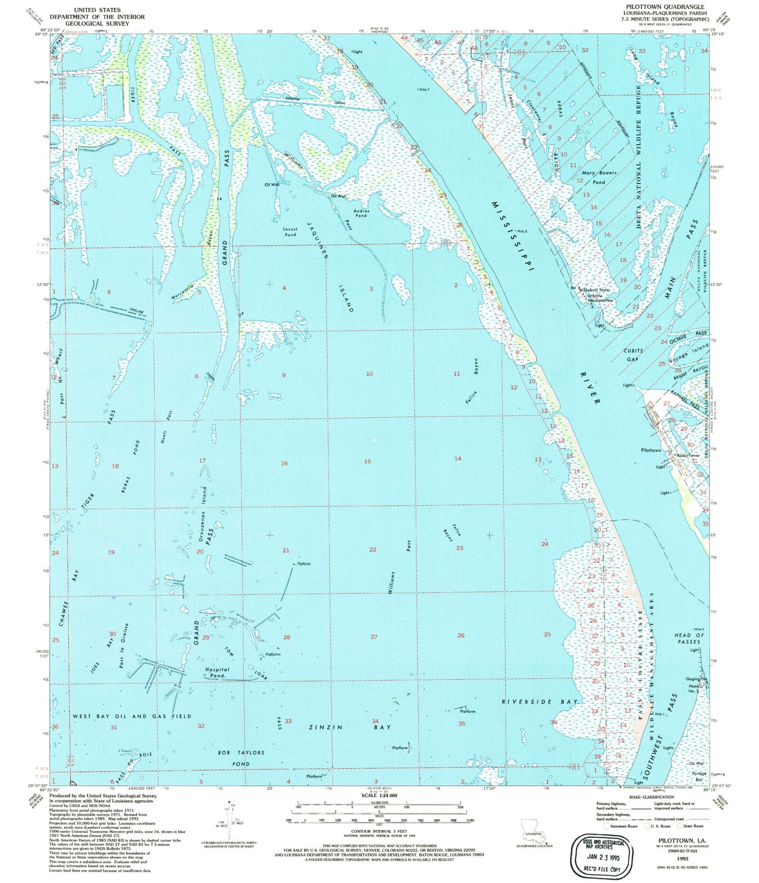 Classic USGS Pilottown Louisiana 7.5'x7.5' Topo Map Image