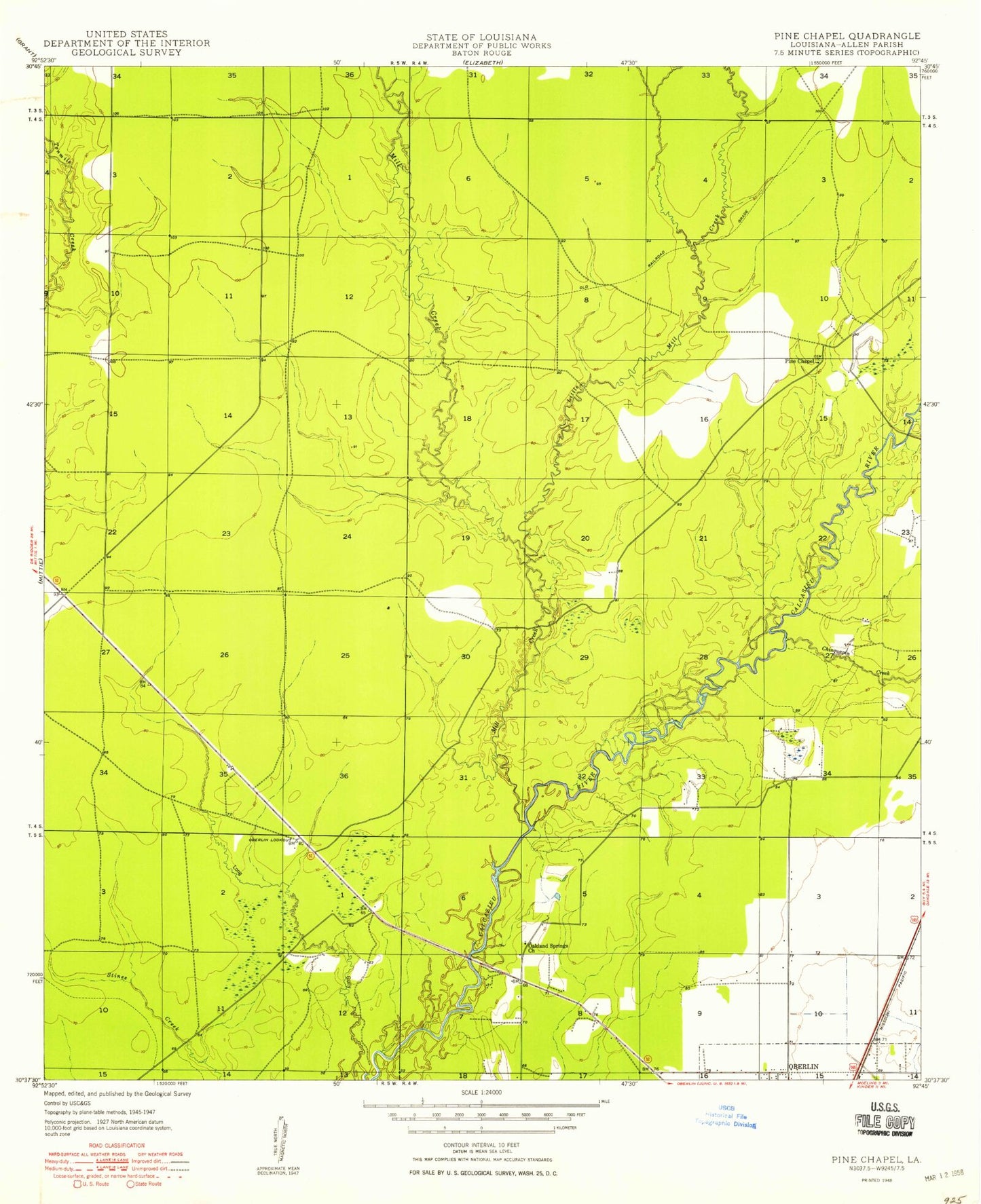 Classic USGS Pine Chapel Louisiana 7.5'x7.5' Topo Map Image