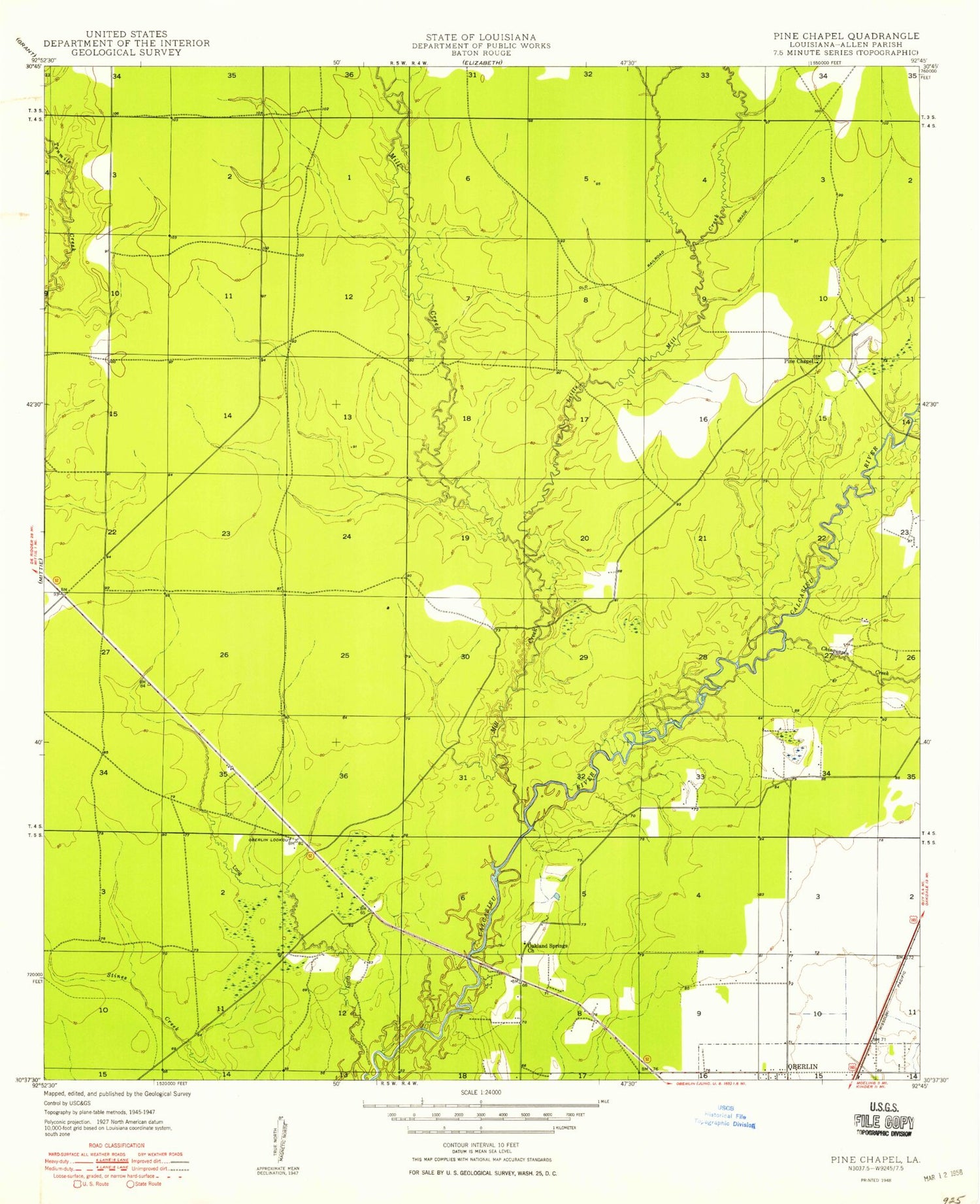 Classic USGS Pine Chapel Louisiana 7.5'x7.5' Topo Map Image