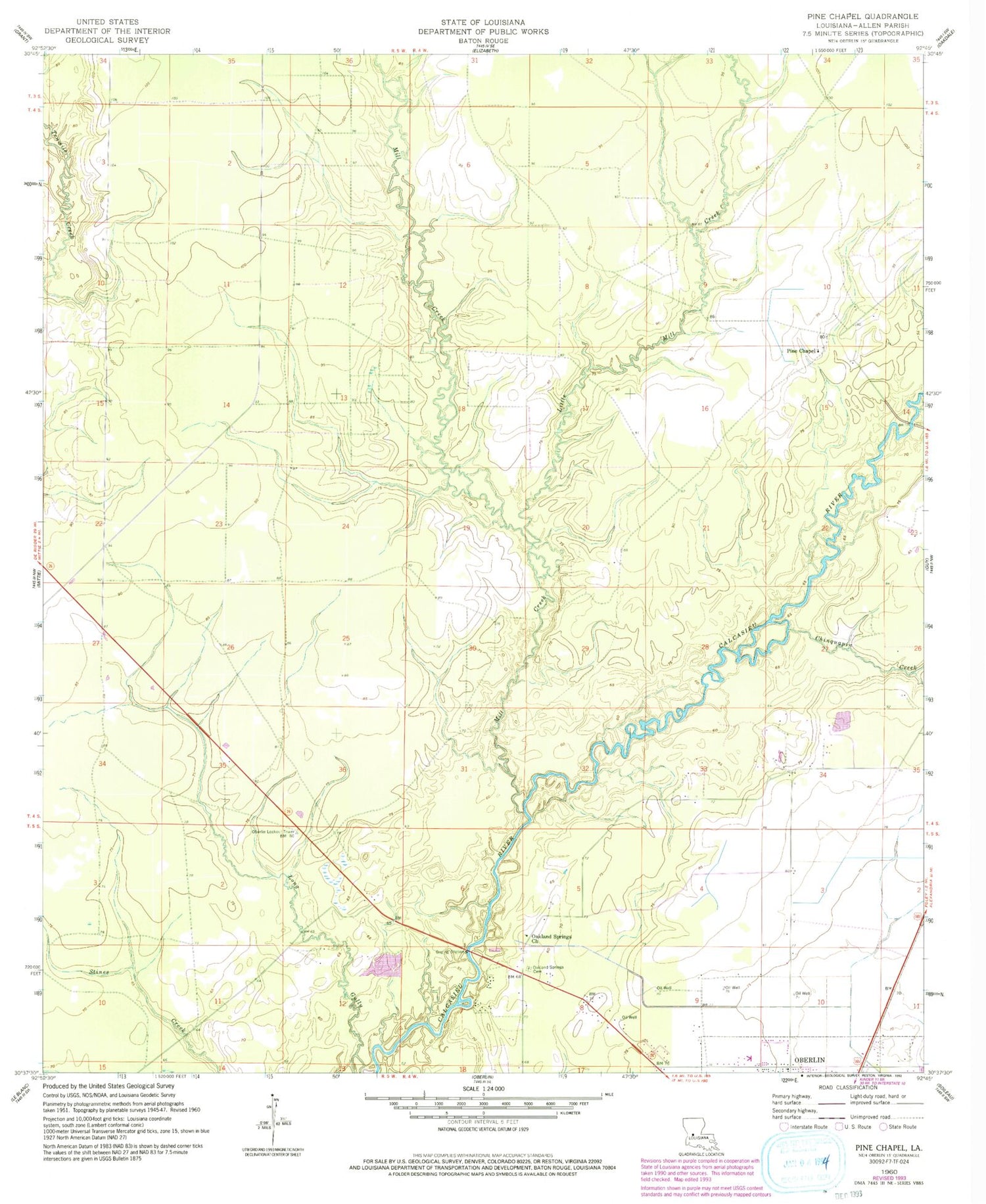 Classic USGS Pine Chapel Louisiana 7.5'x7.5' Topo Map Image