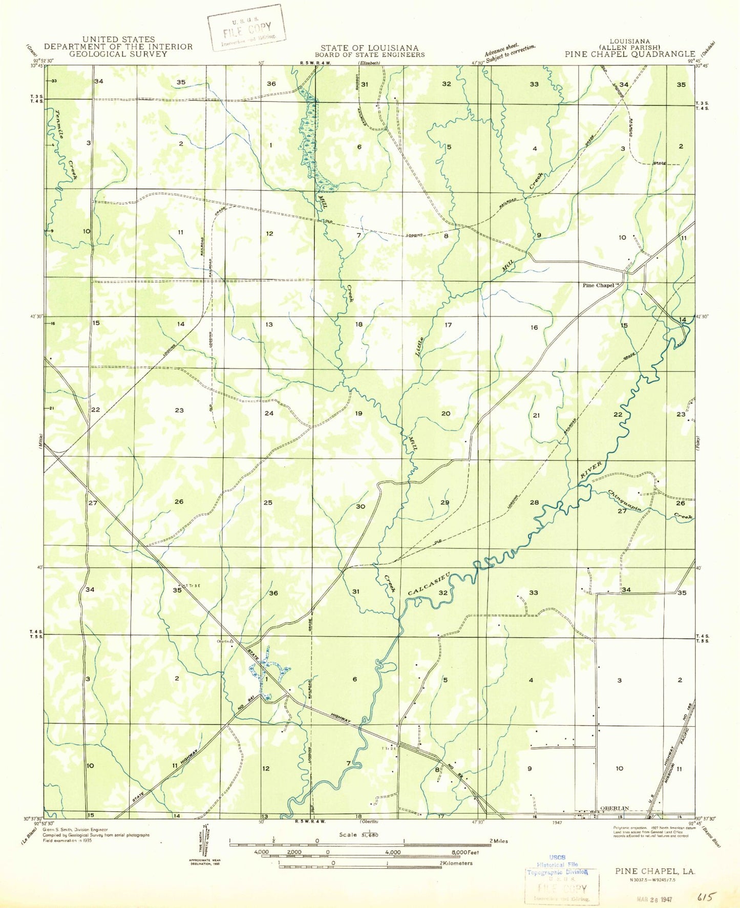 Classic USGS Pine Chapel Louisiana 7.5'x7.5' Topo Map Image