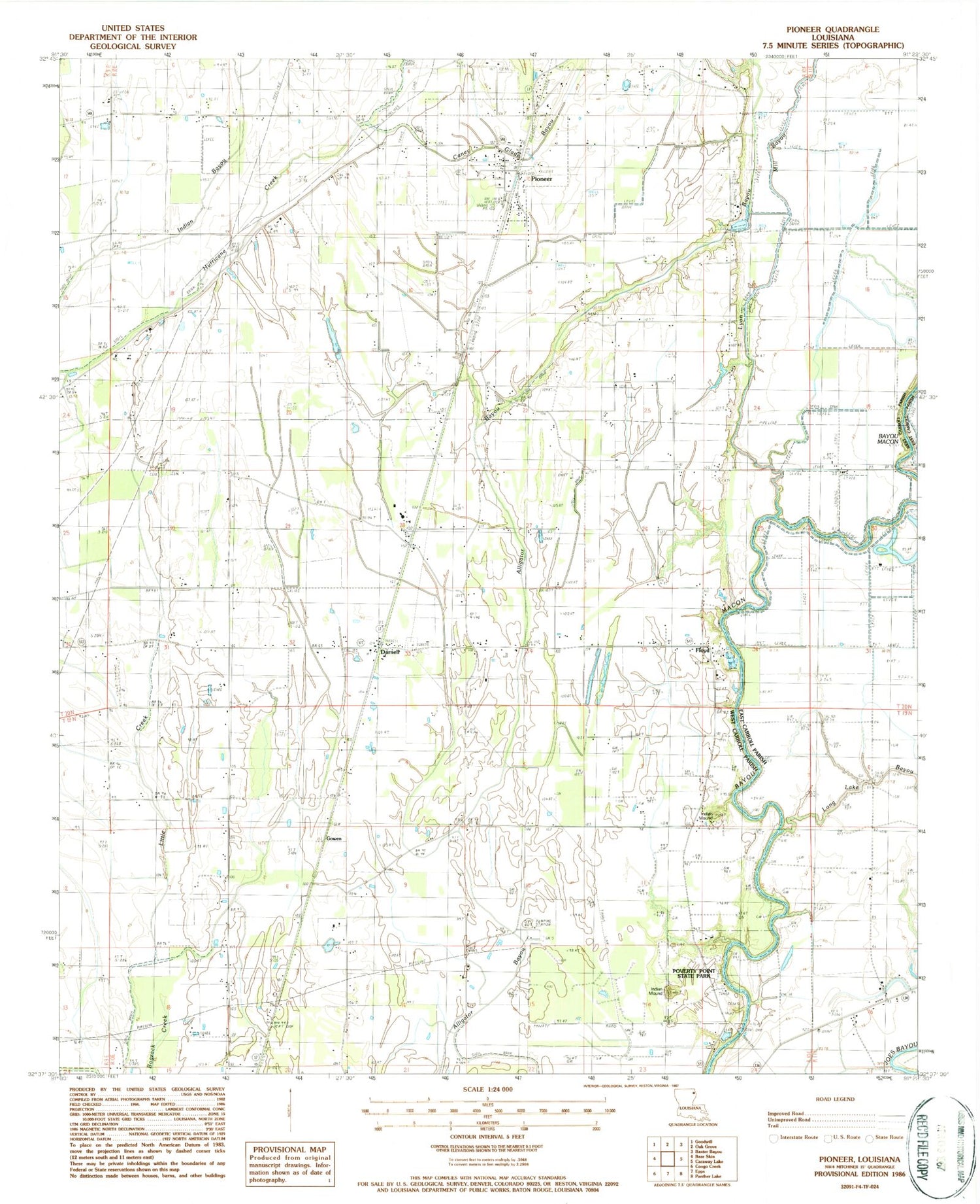 Classic USGS Pioneer Louisiana 7.5'x7.5' Topo Map Image