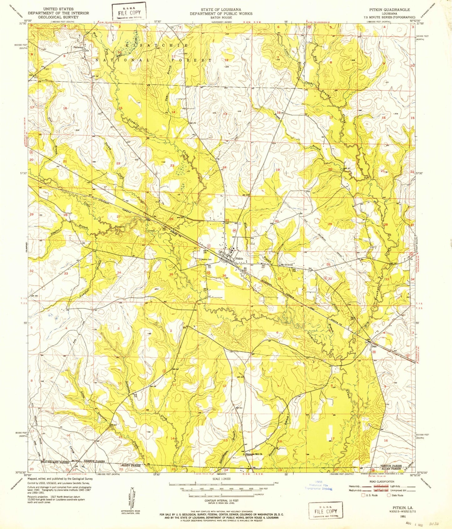 Classic USGS Pitkin Louisiana 7.5'x7.5' Topo Map Image