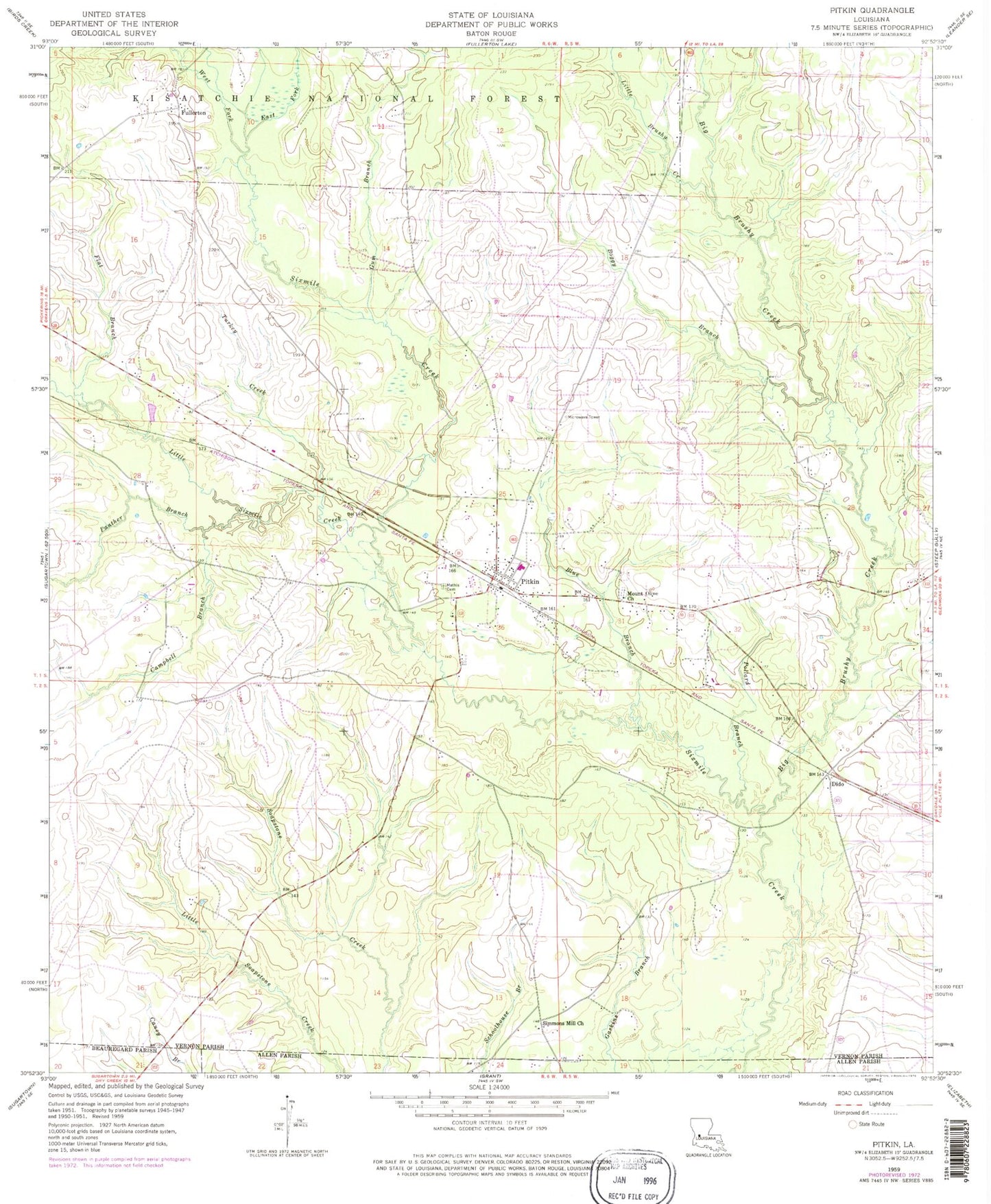 Classic USGS Pitkin Louisiana 7.5'x7.5' Topo Map Image