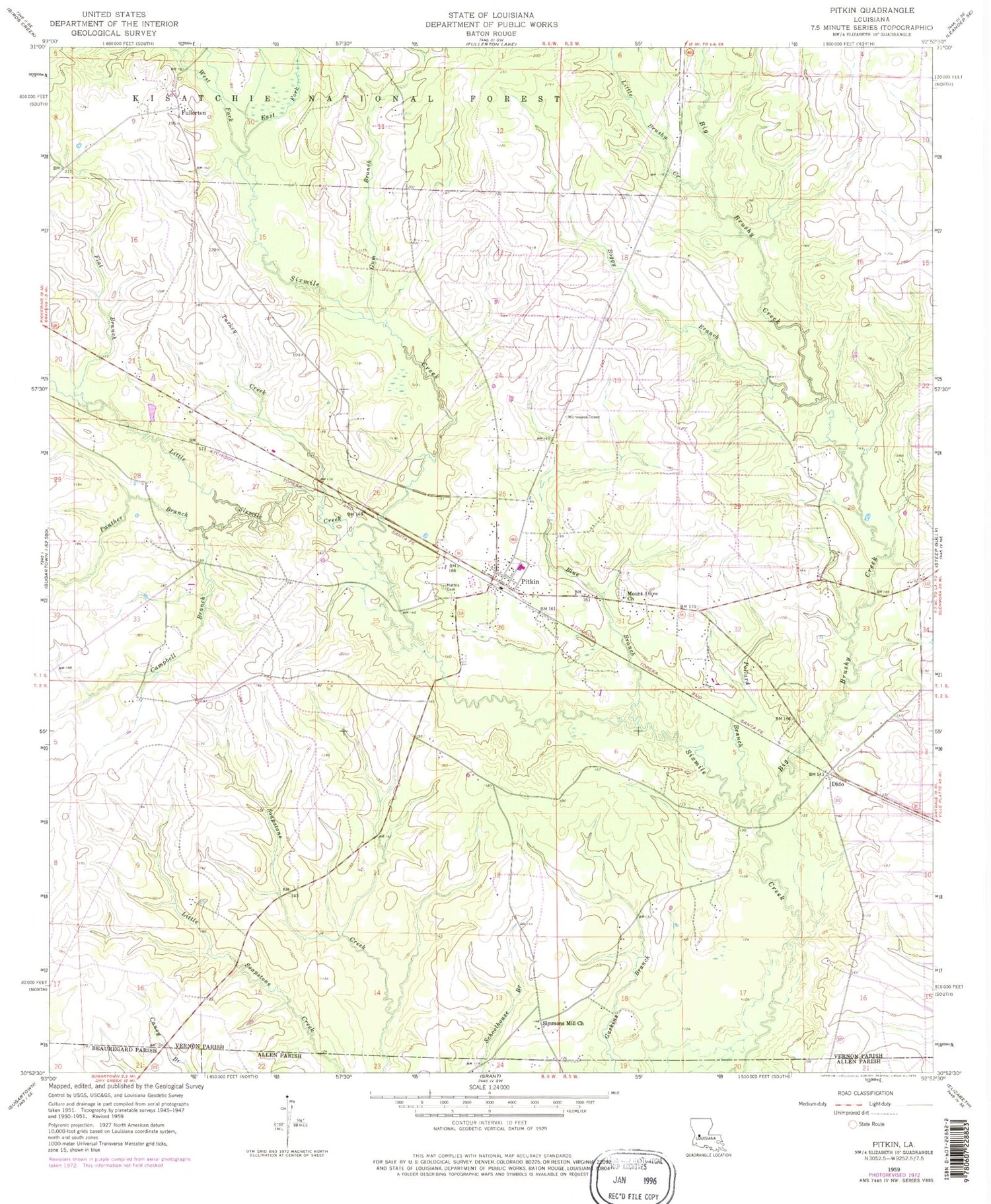Classic USGS Pitkin Louisiana 7.5'x7.5' Topo Map Image
