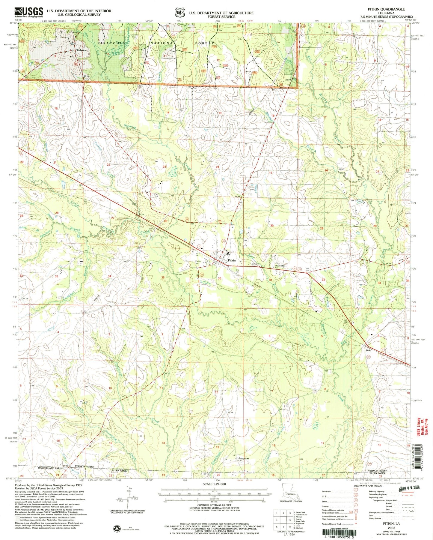 Classic USGS Pitkin Louisiana 7.5'x7.5' Topo Map Image