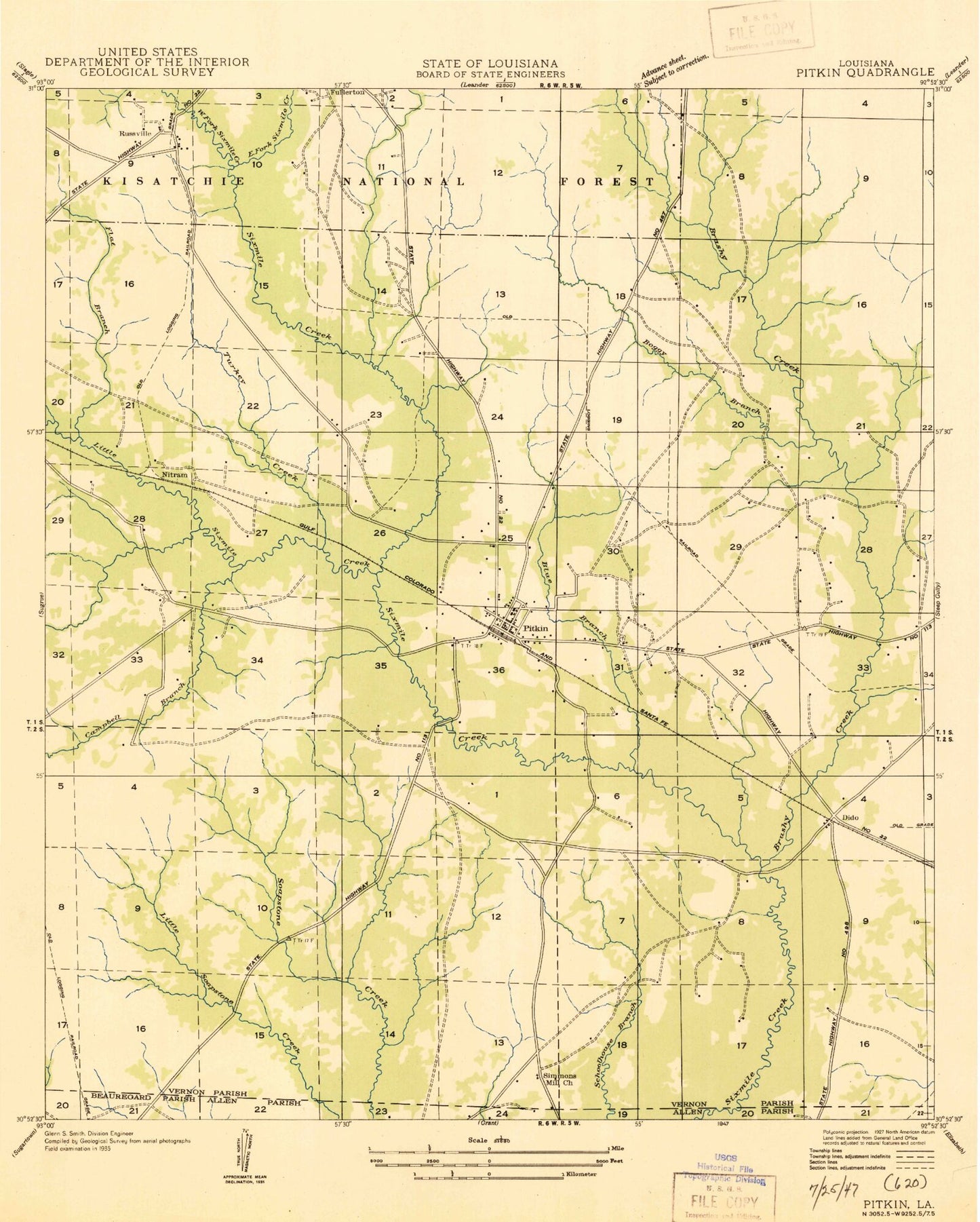 Classic USGS Pitkin Louisiana 7.5'x7.5' Topo Map Image