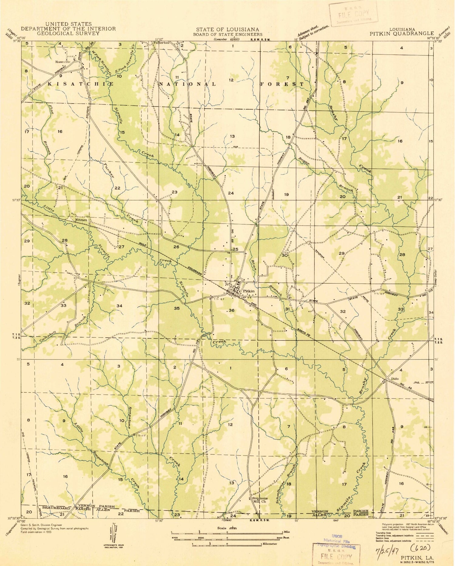 Classic USGS Pitkin Louisiana 7.5'x7.5' Topo Map Image