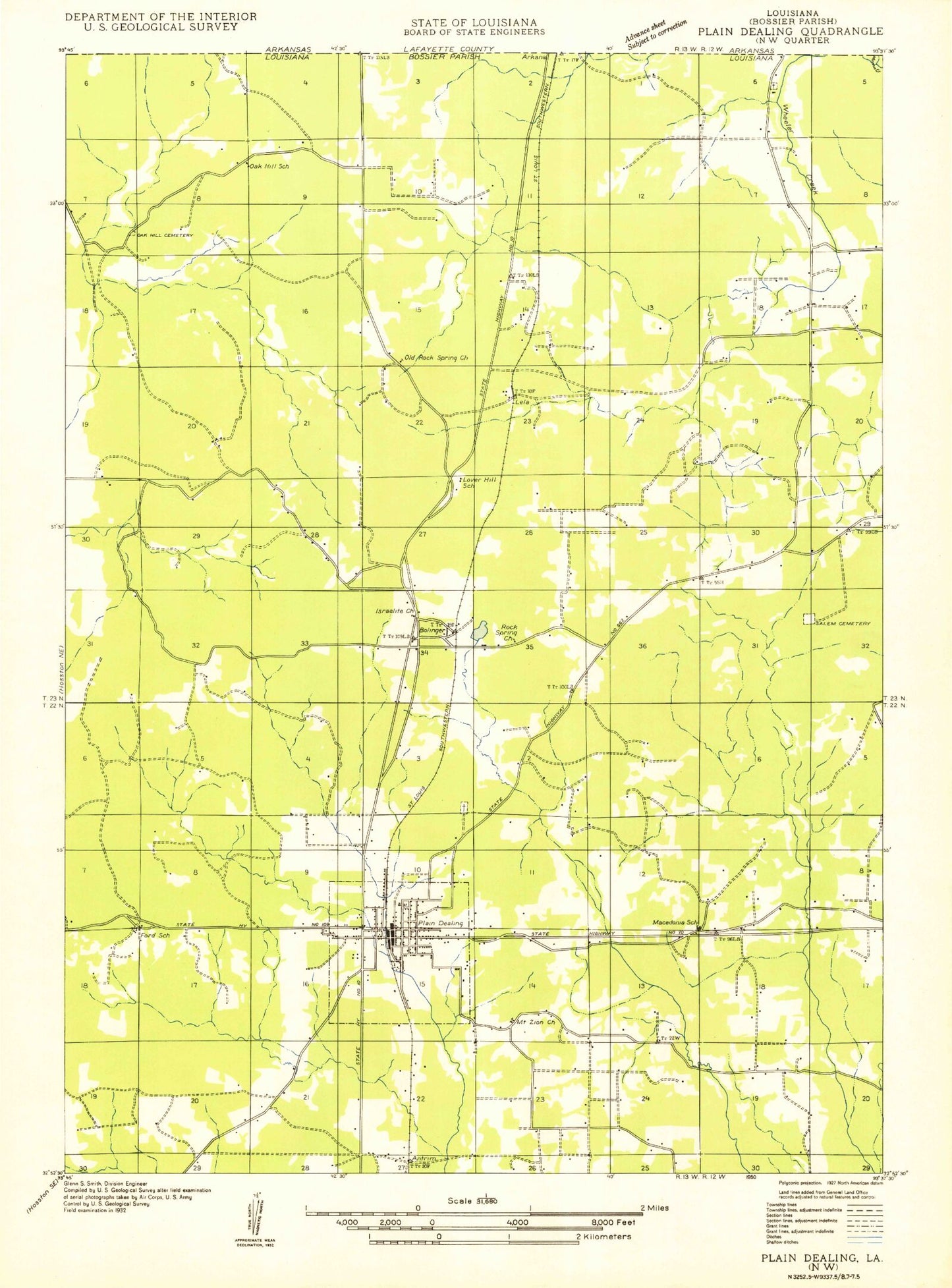 Classic USGS Plain Dealing Louisiana 7.5'x7.5' Topo Map Image