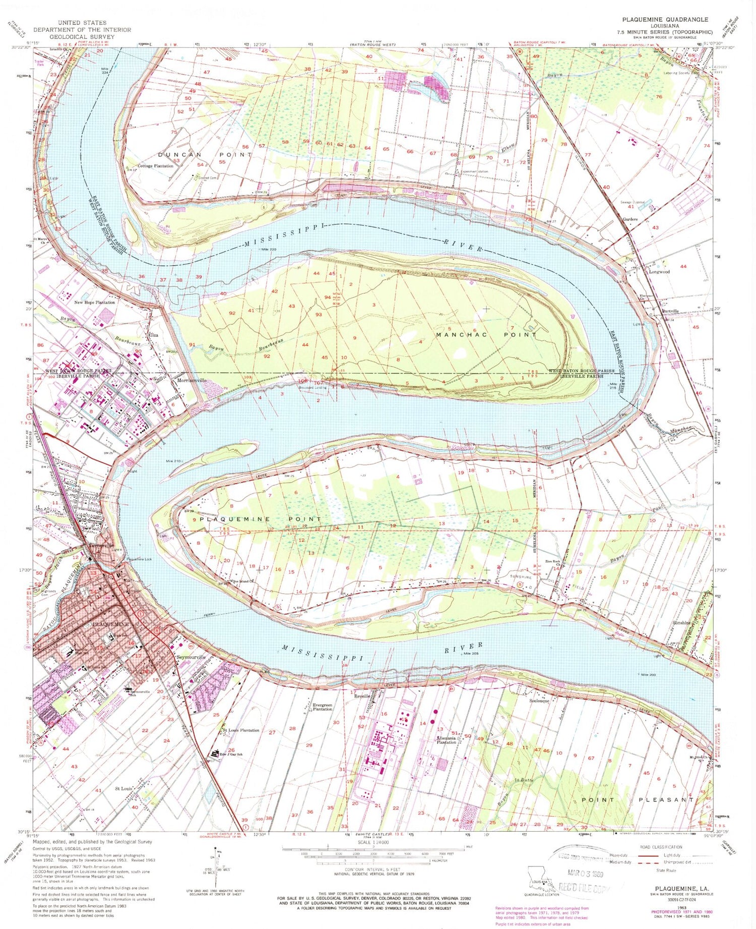 Classic USGS Plaquemine Louisiana 7.5'x7.5' Topo Map Image