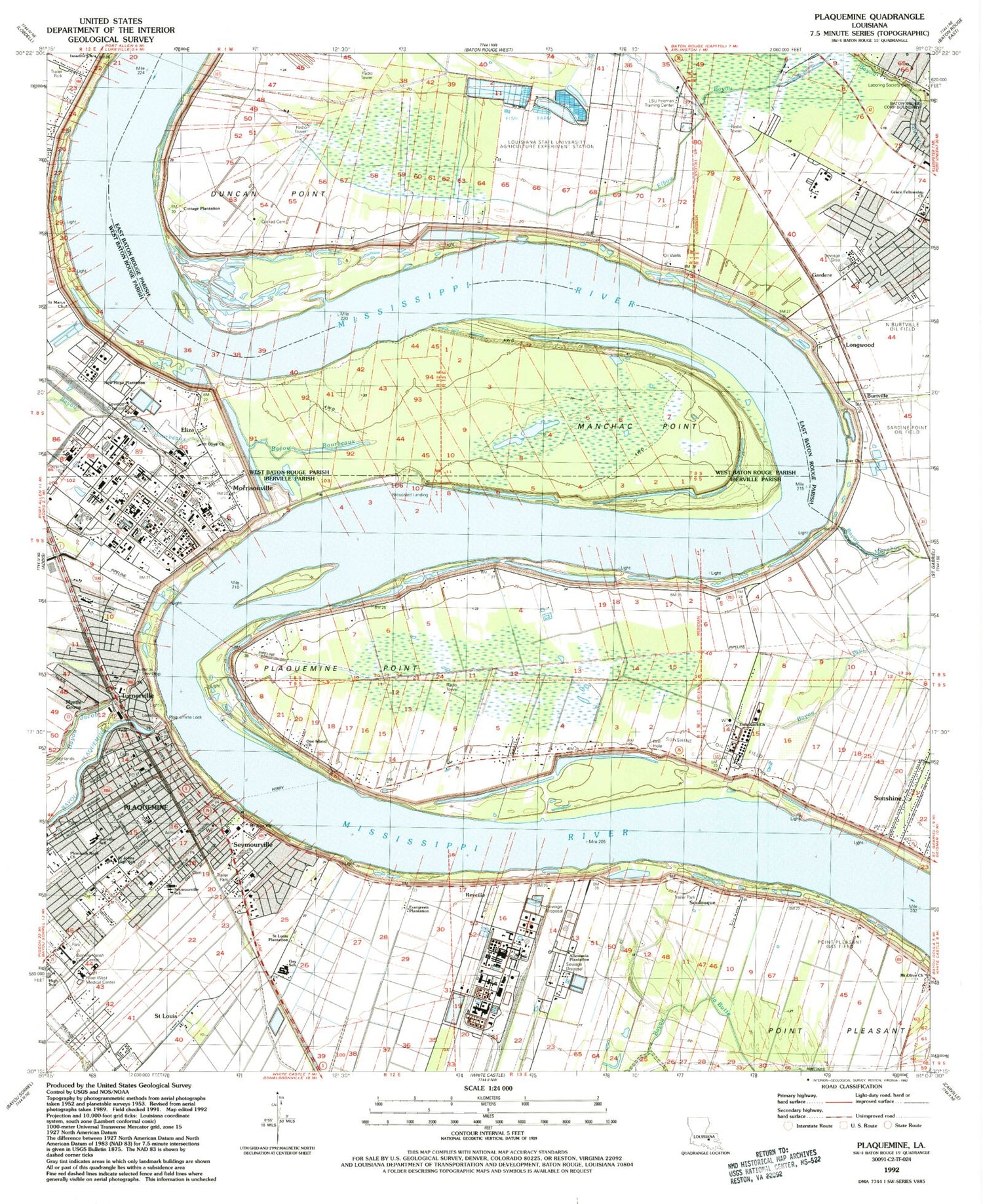 Classic USGS Plaquemine Louisiana 7.5'x7.5' Topo Map Image