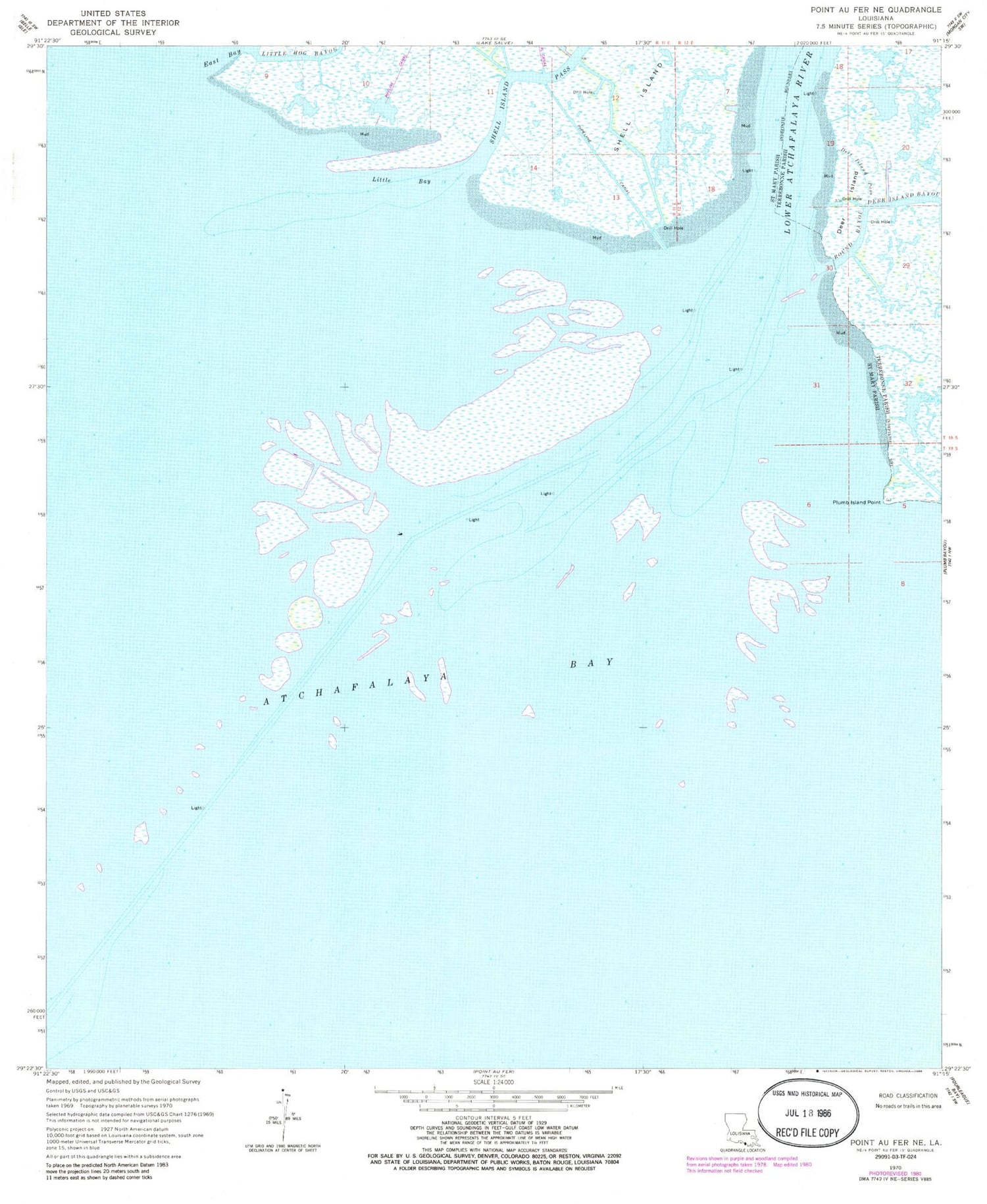 Classic USGS Point au Fer NE Louisiana 7.5'x7.5' Topo Map Image