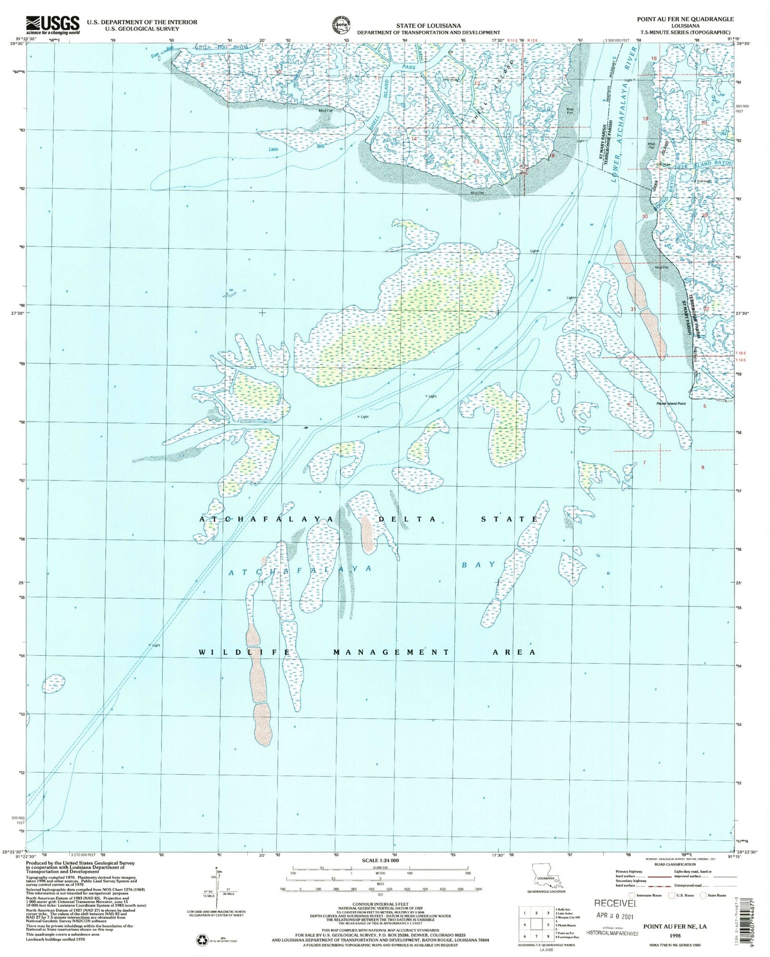 Classic USGS Point au Fer NE Louisiana 7.5'x7.5' Topo Map Image