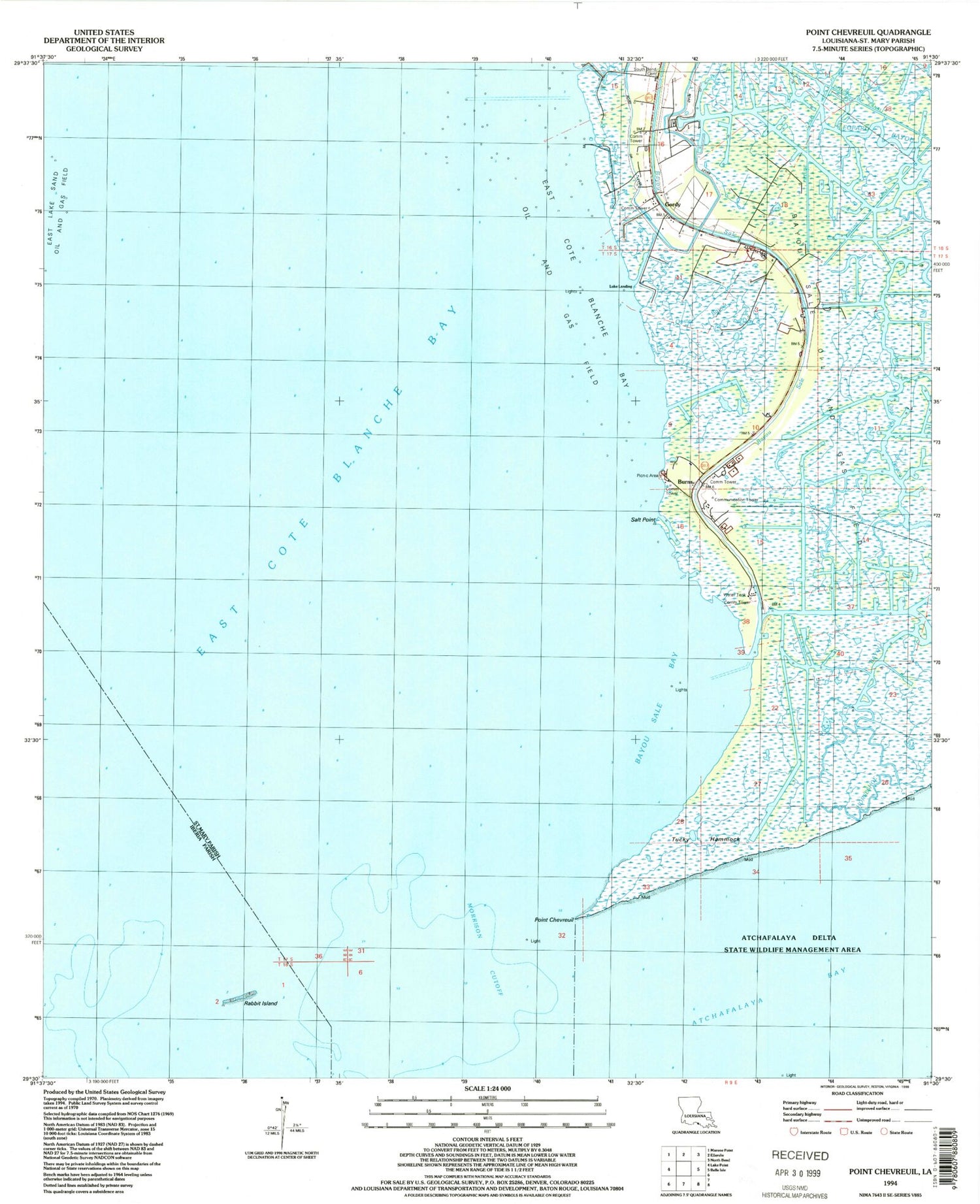 Classic USGS Point Chevreuil Louisiana 7.5'x7.5' Topo Map Image