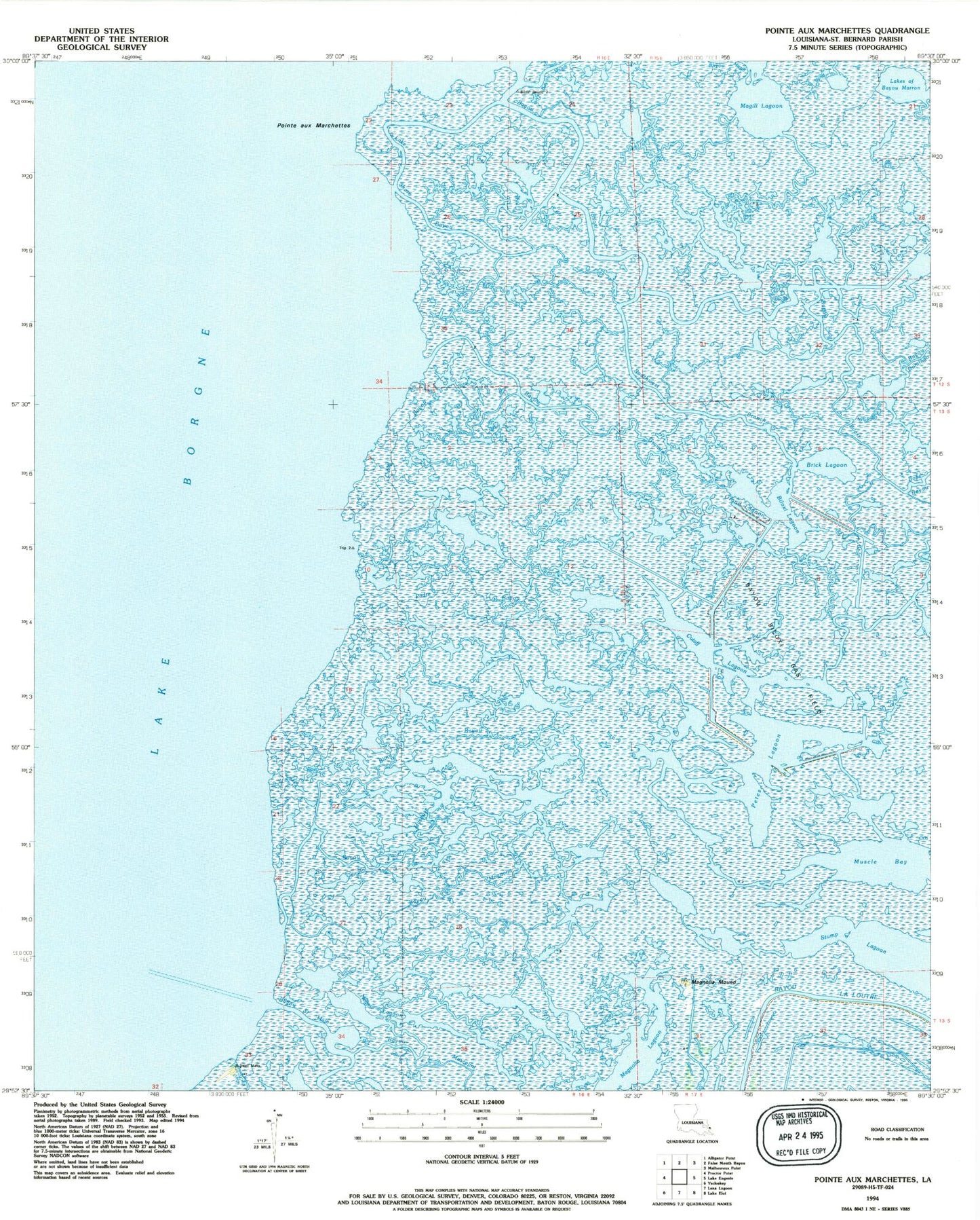 Classic USGS Pointe aux Marchettes Louisiana 7.5'x7.5' Topo Map Image