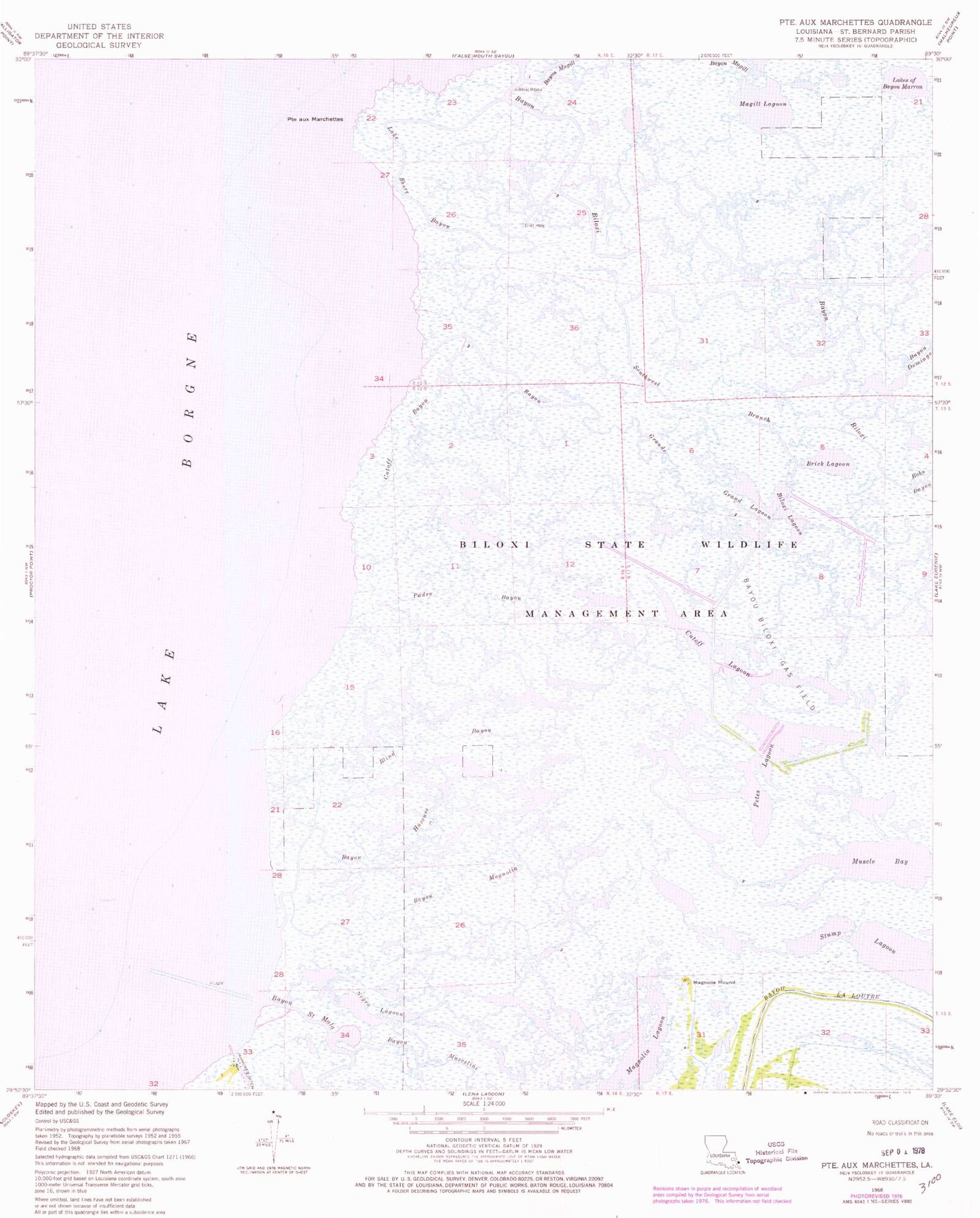 Classic USGS Pointe aux Marchettes Louisiana 7.5'x7.5' Topo Map Image