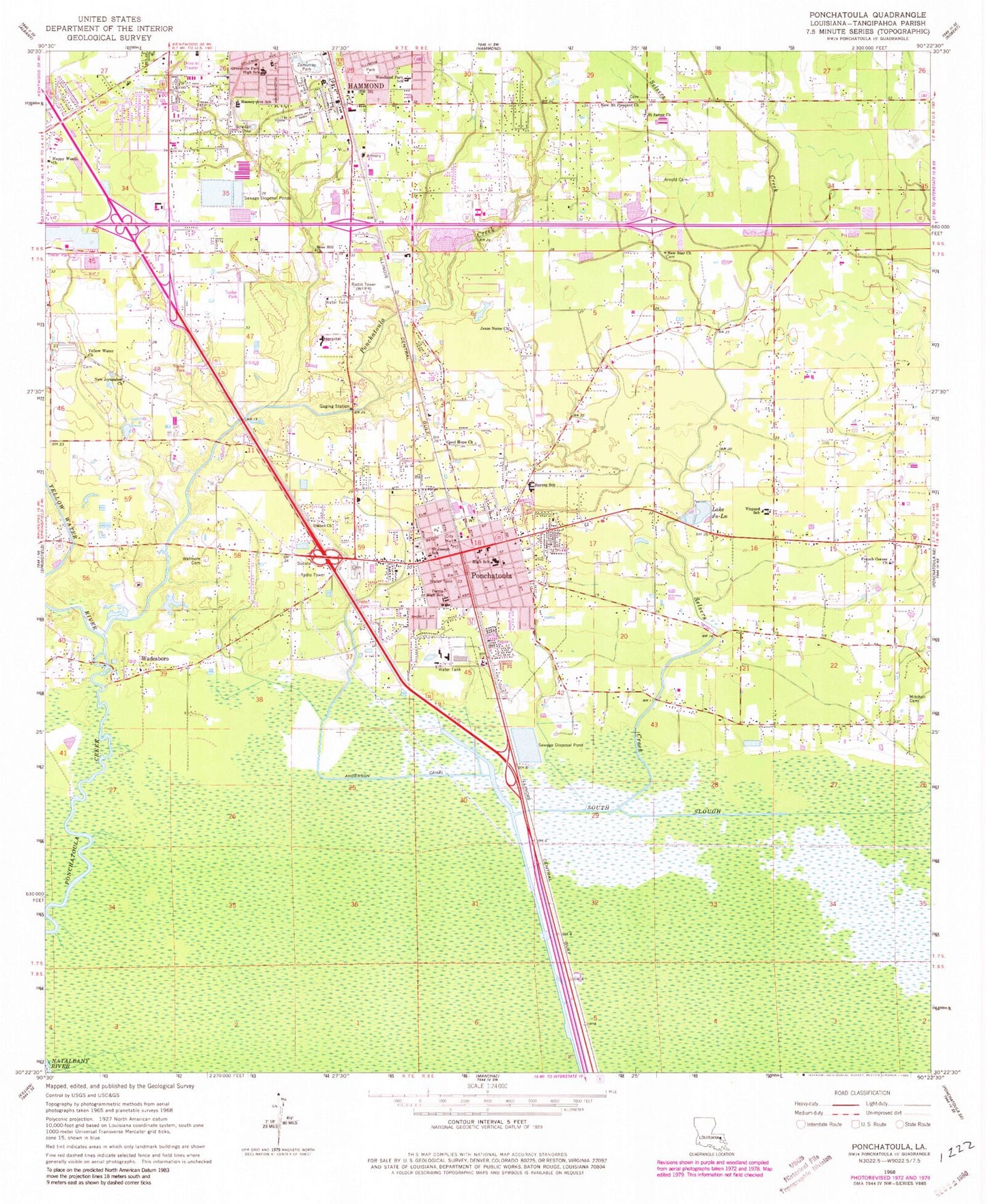 Classic USGS Ponchatoula Louisiana 7.5'x7.5' Topo Map Image