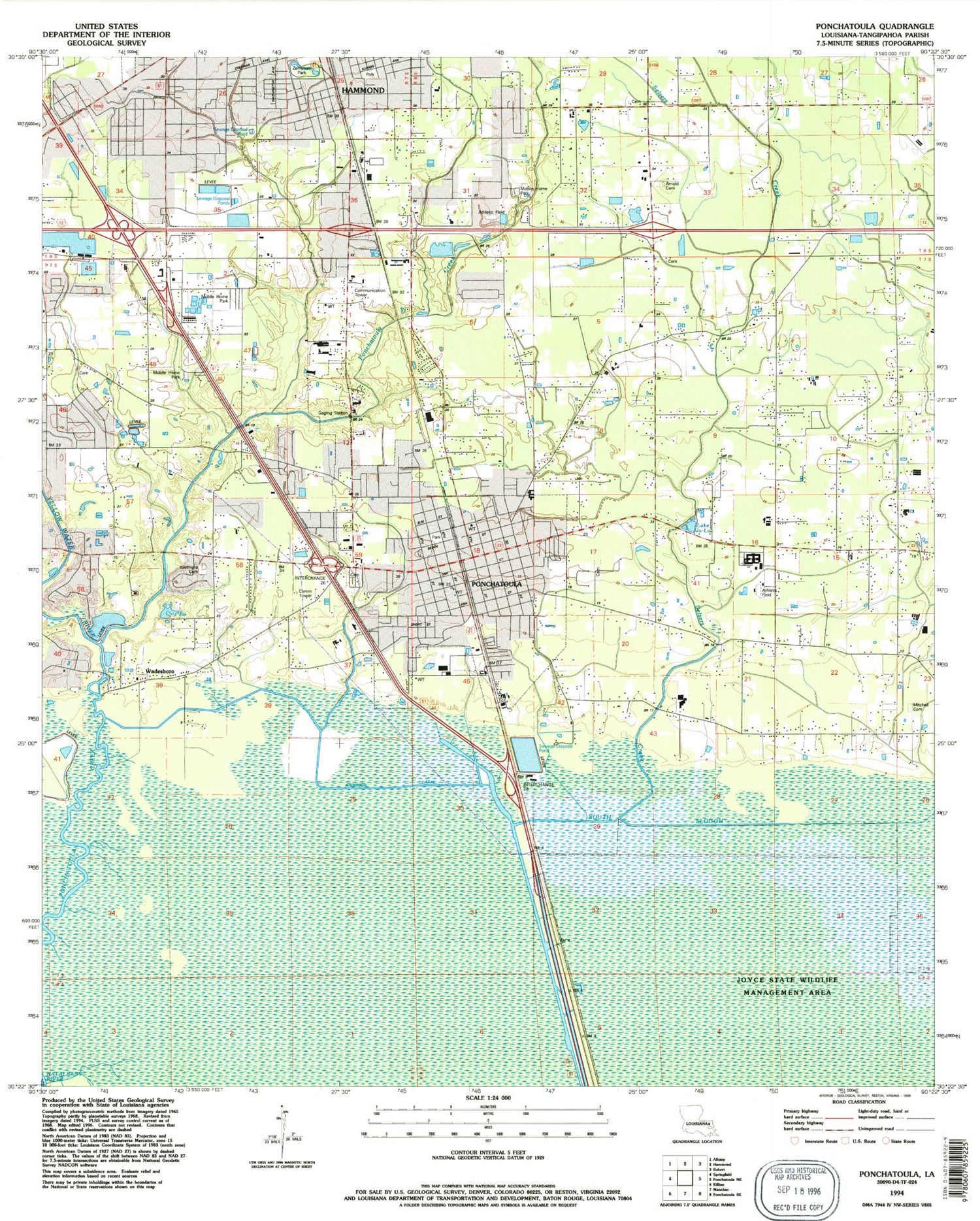 Classic USGS Ponchatoula Louisiana 7.5'x7.5' Topo Map Image