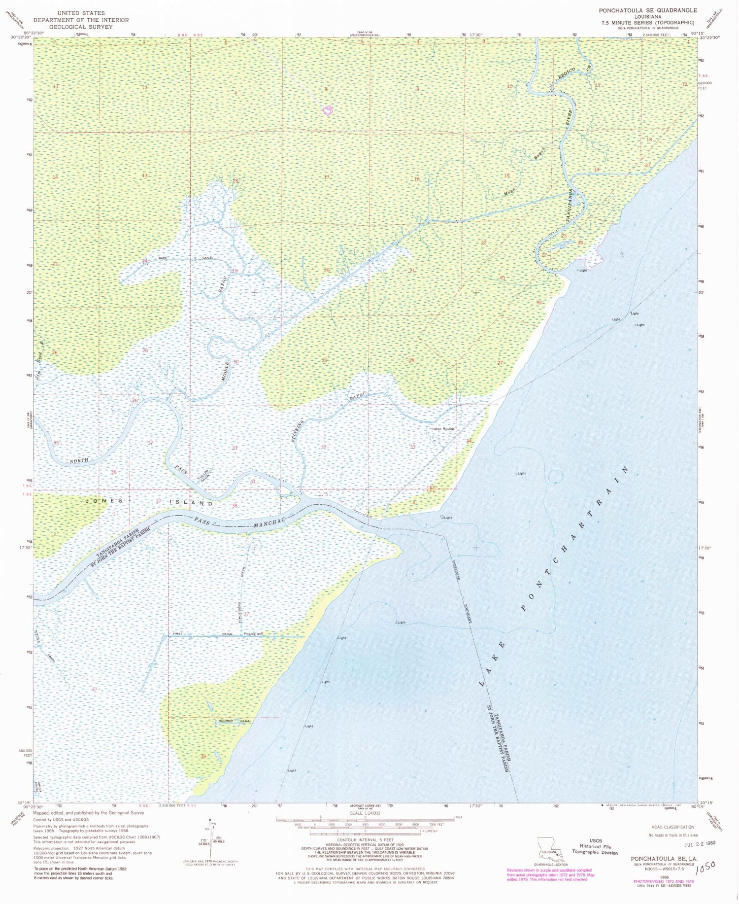 Classic USGS Ponchatoula SE Louisiana 7.5'x7.5' Topo Map Image