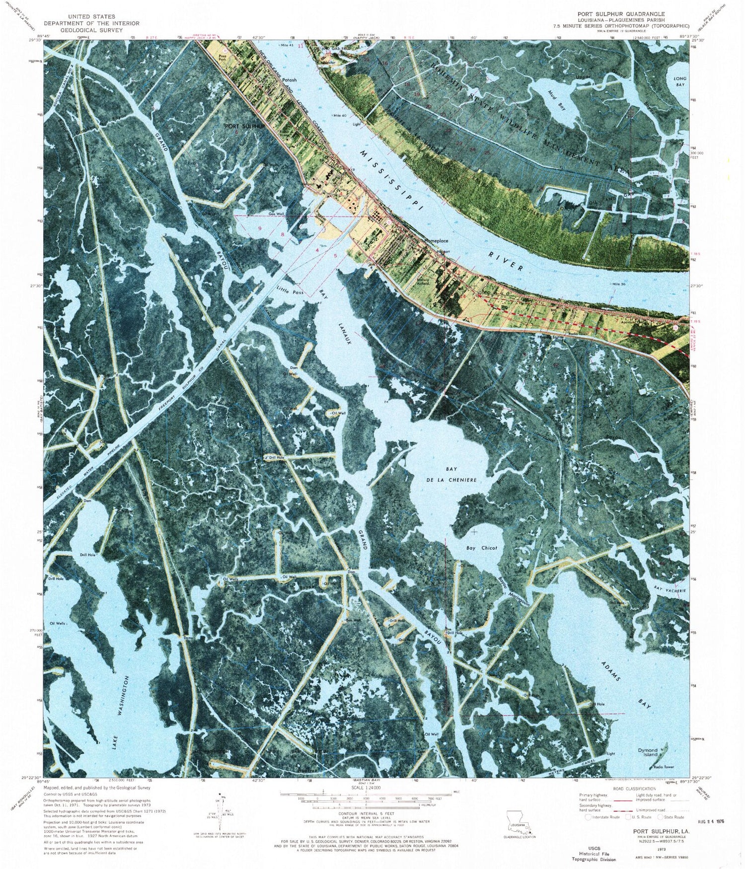 Classic USGS Port Sulphur Louisiana 7.5'x7.5' Topo Map Image