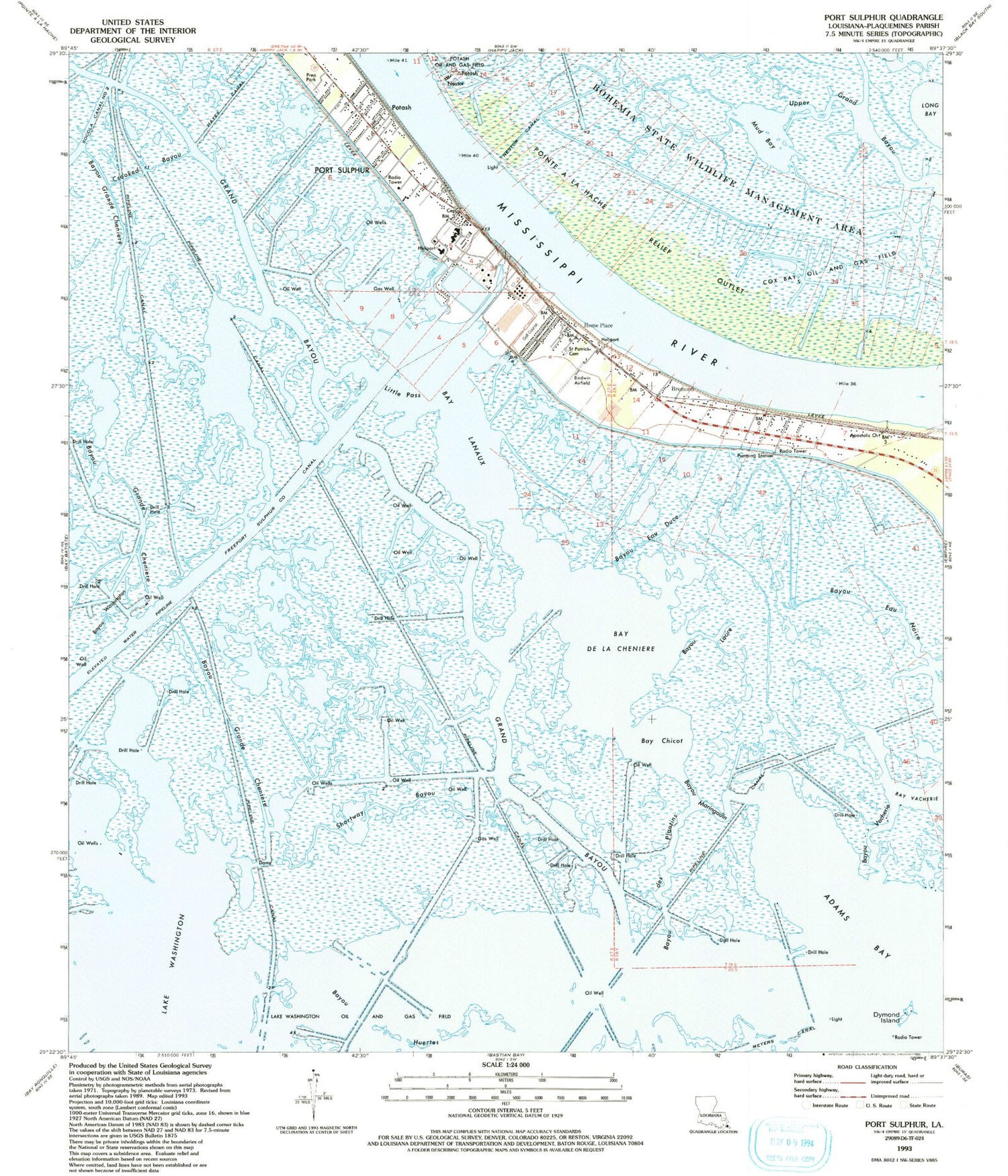 Classic USGS Port Sulphur Louisiana 7.5'x7.5' Topo Map Image