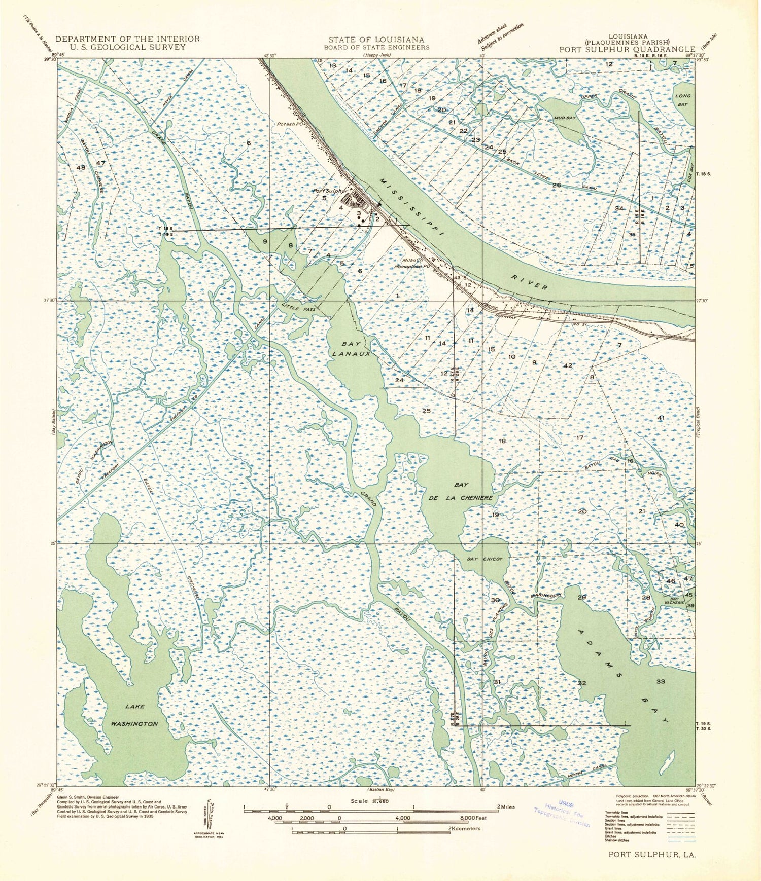 Classic USGS Port Sulphur Louisiana 7.5'x7.5' Topo Map Image