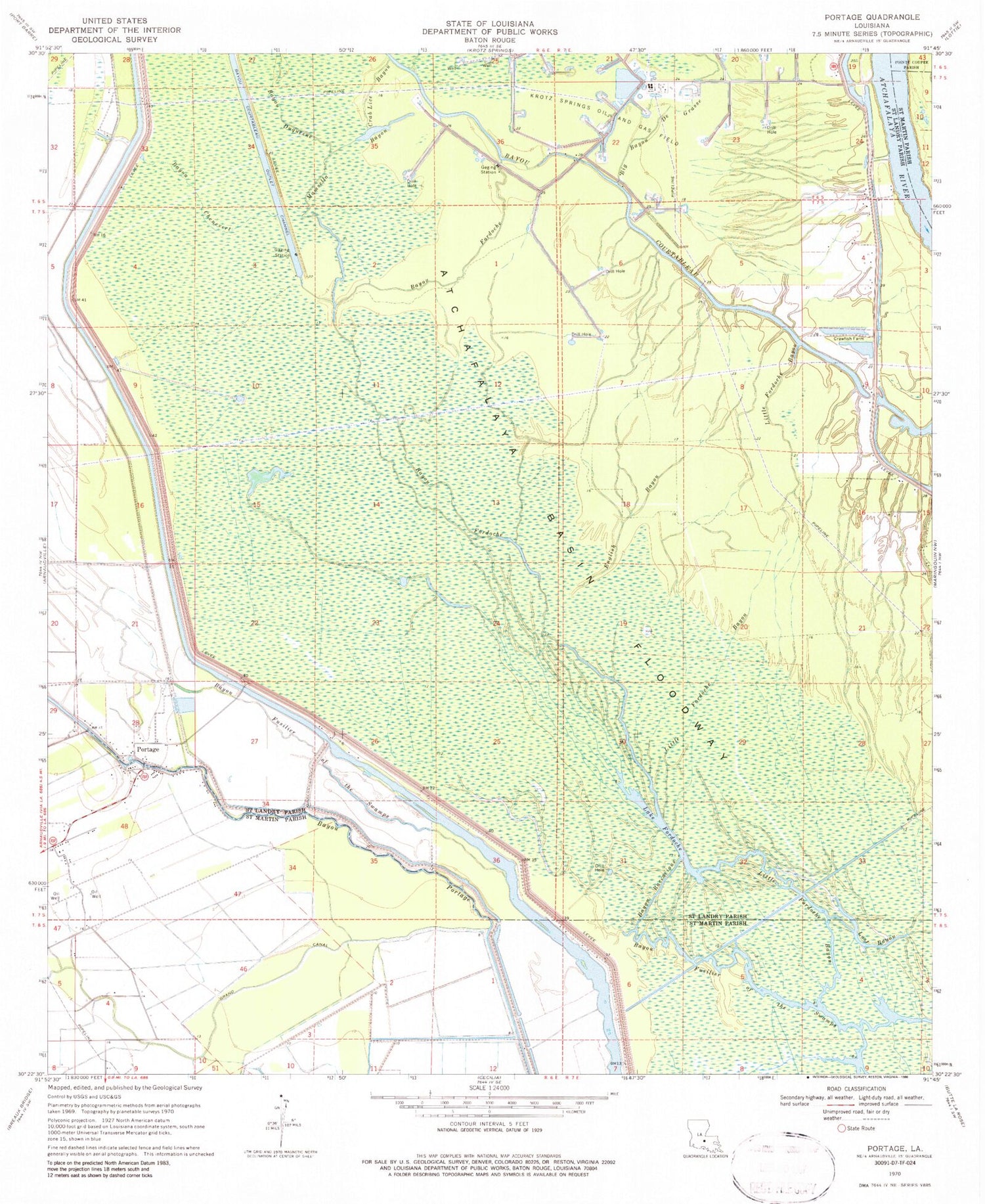 Classic USGS Portage Louisiana 7.5'x7.5' Topo Map Image