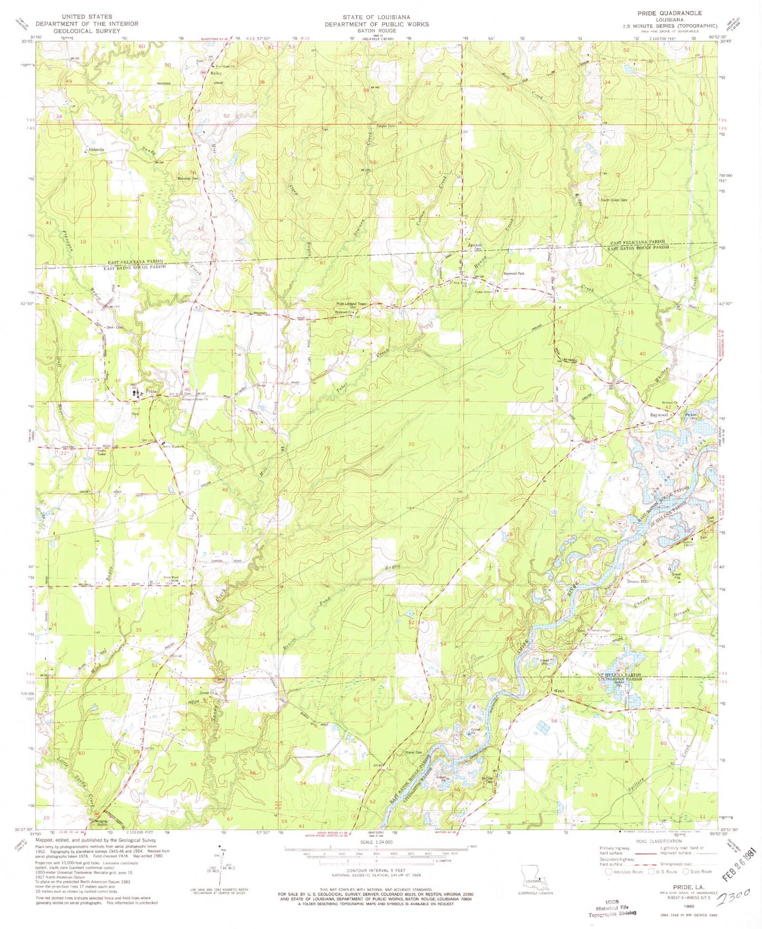 Classic USGS Pride Louisiana 7.5'x7.5' Topo Map Image