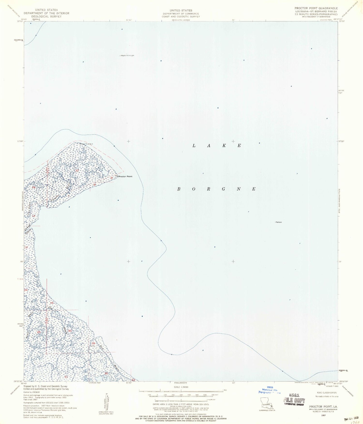Classic USGS Proctor Point Louisiana 7.5'x7.5' Topo Map Image