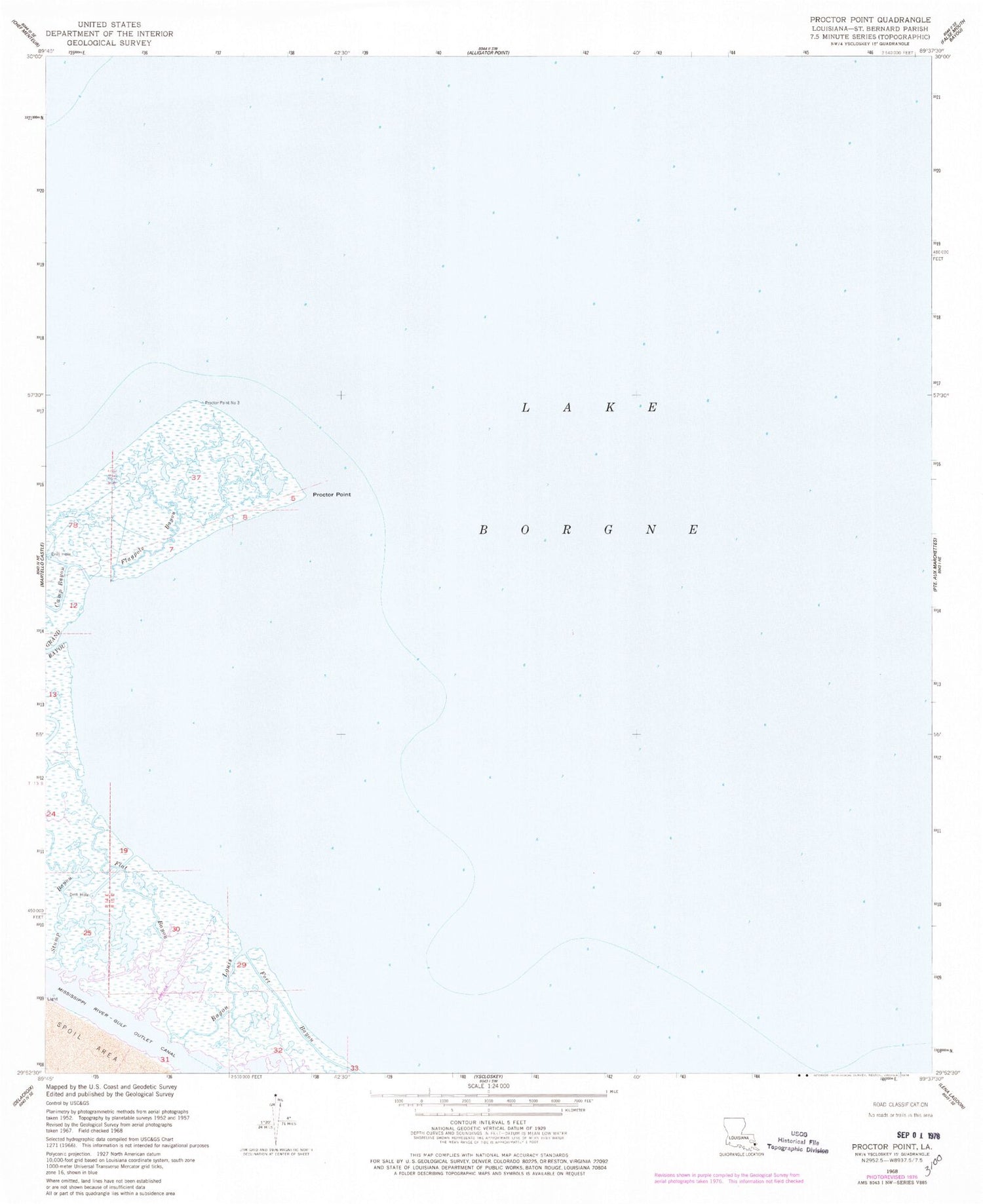 Classic USGS Proctor Point Louisiana 7.5'x7.5' Topo Map Image