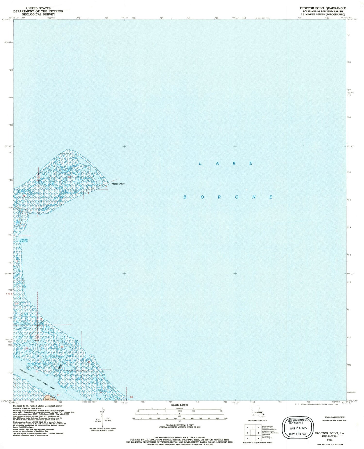 Classic USGS Proctor Point Louisiana 7.5'x7.5' Topo Map Image