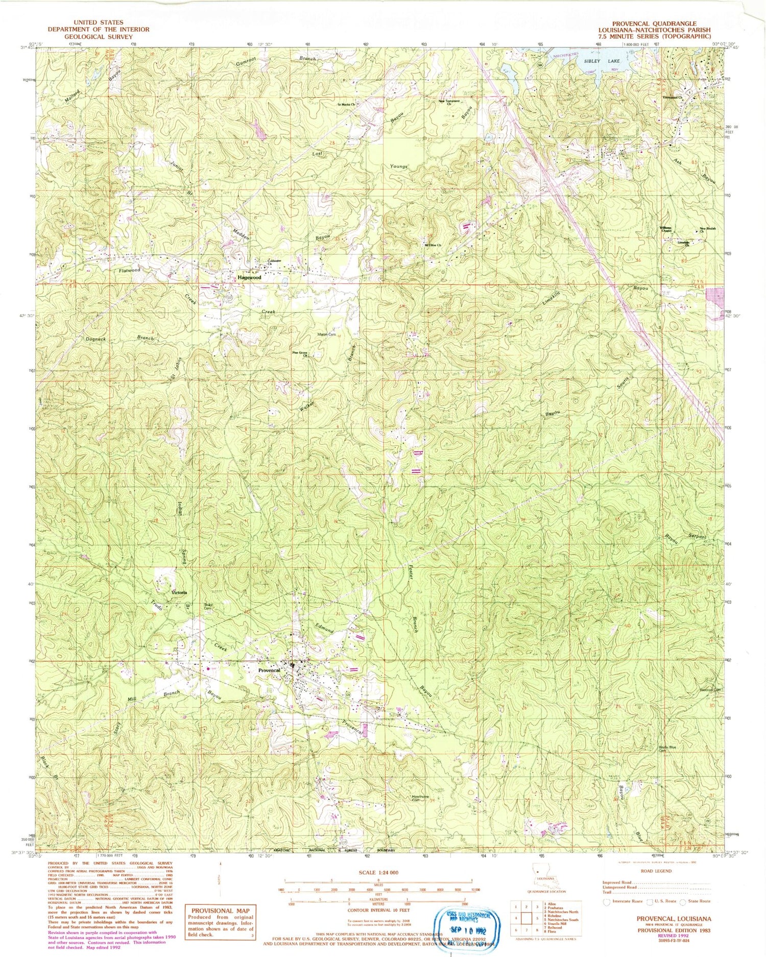 Classic USGS Provencal Louisiana 7.5'x7.5' Topo Map Image