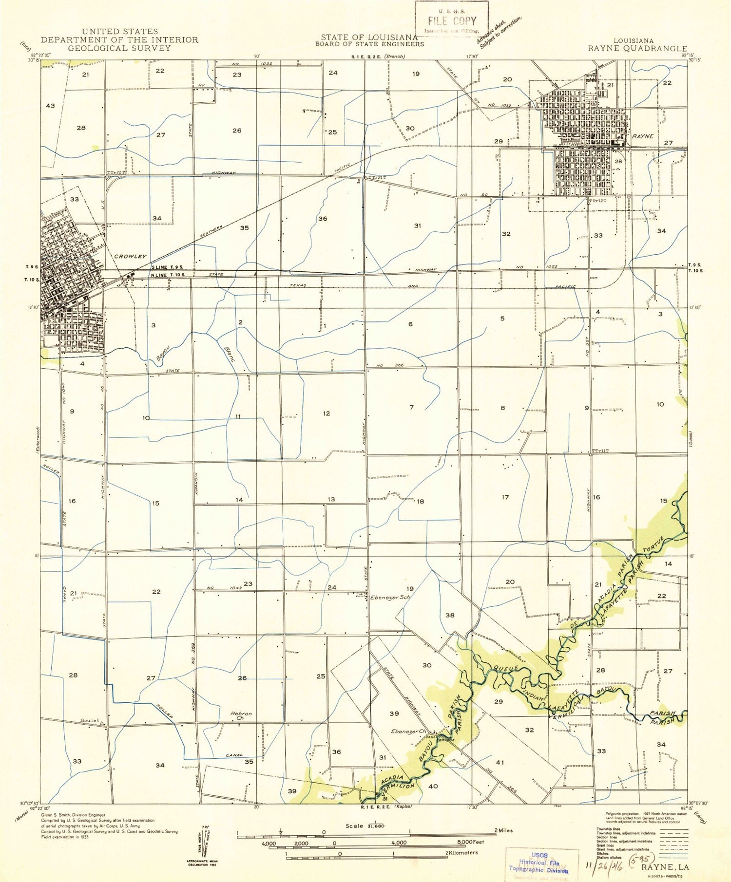 Classic USGS Crowley East Louisiana 7.5'x7.5' Topo Map Image