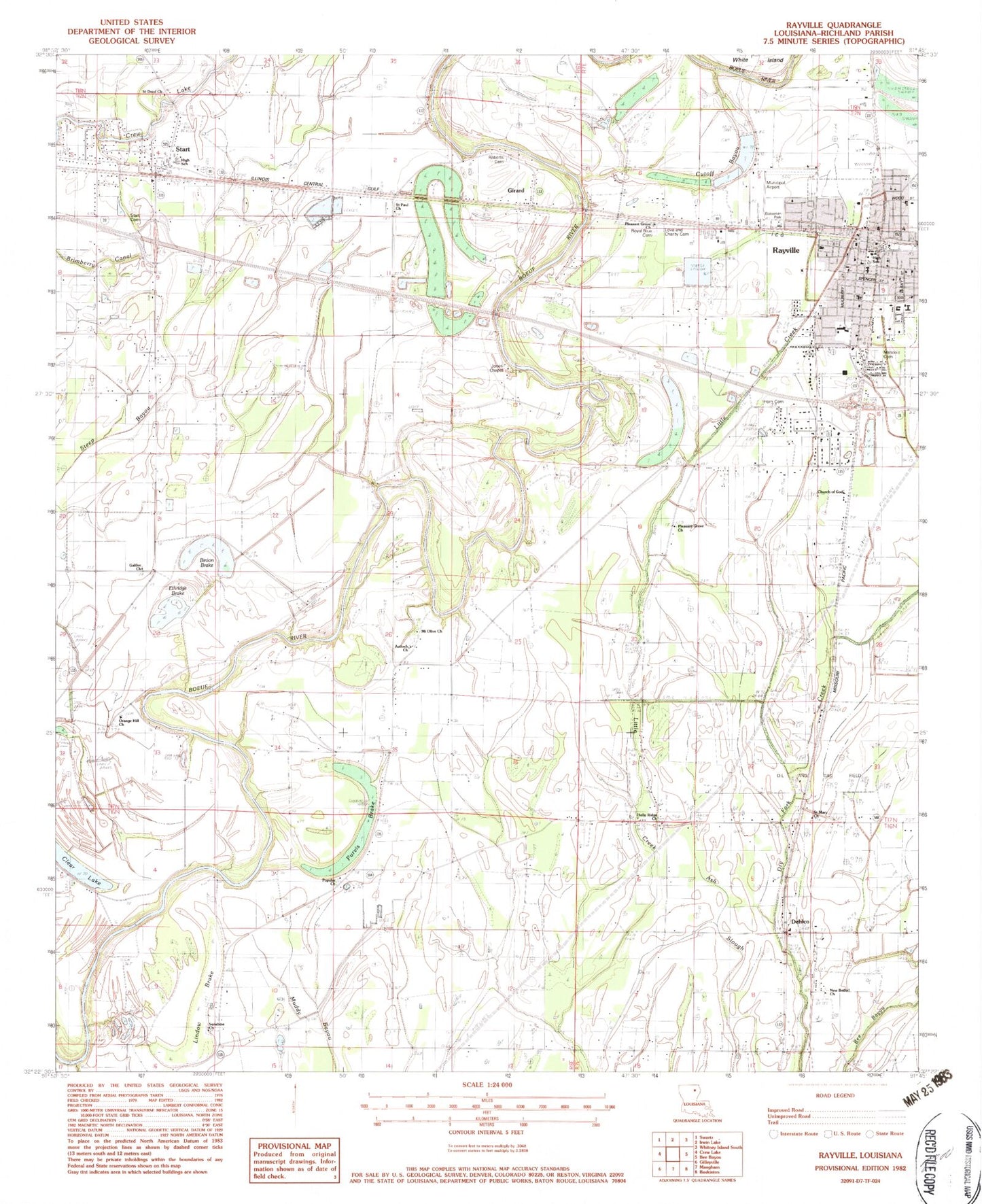 Classic USGS Rayville Louisiana 7.5'x7.5' Topo Map Image