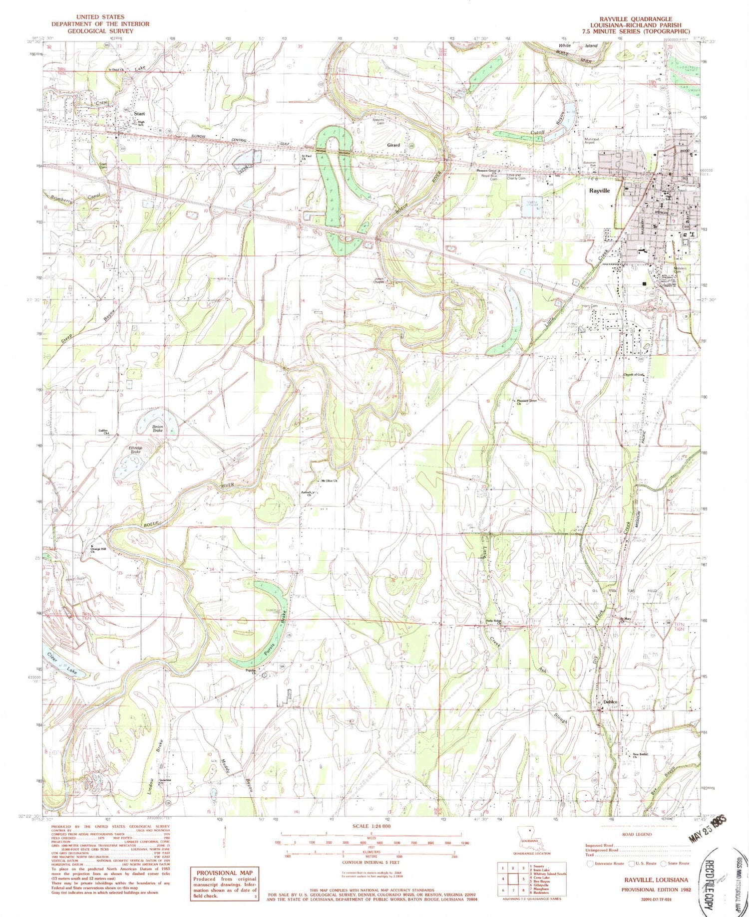 Classic USGS Rayville Louisiana 7.5'x7.5' Topo Map Image