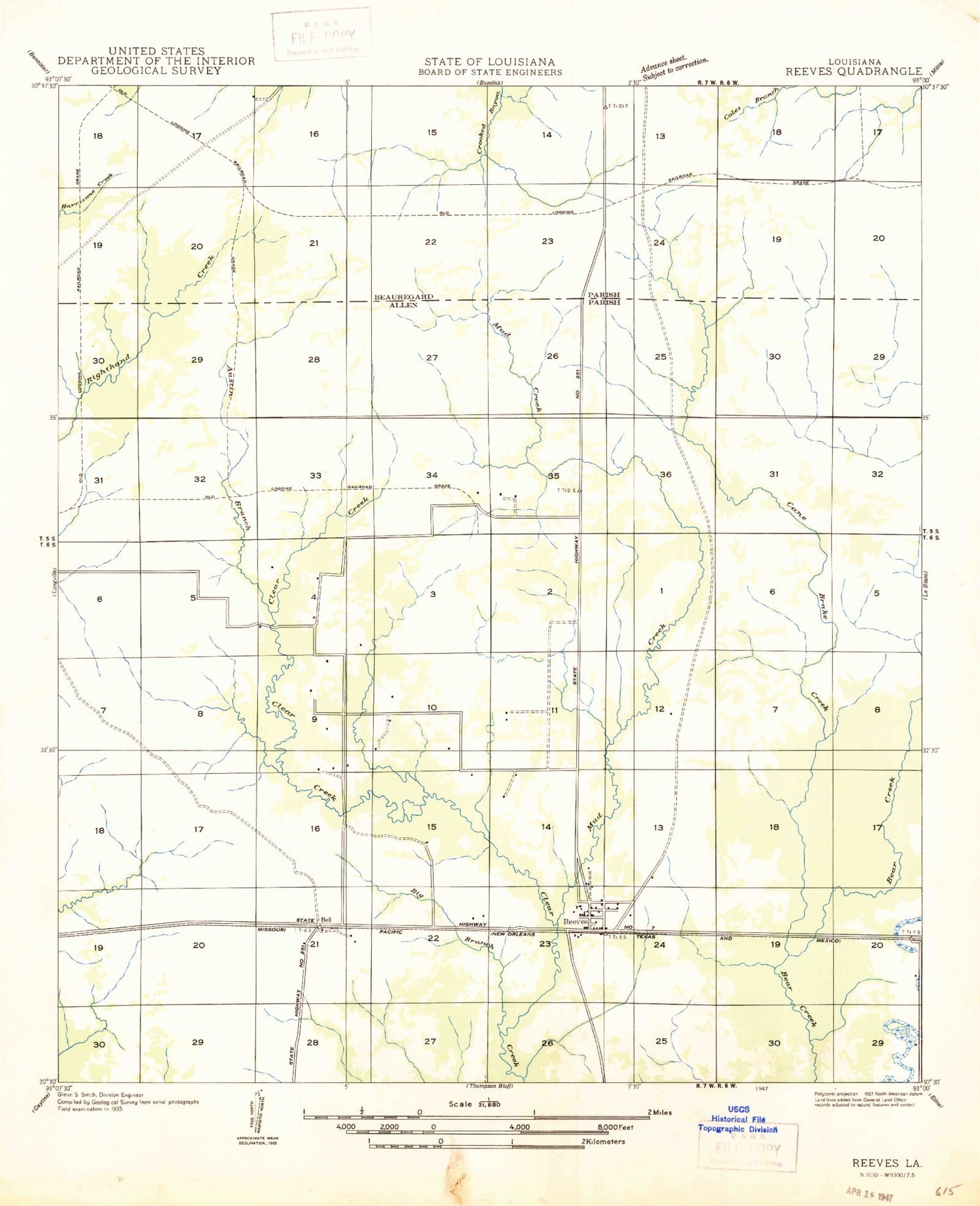 Classic USGS Reeves Louisiana 7.5'x7.5' Topo Map Image