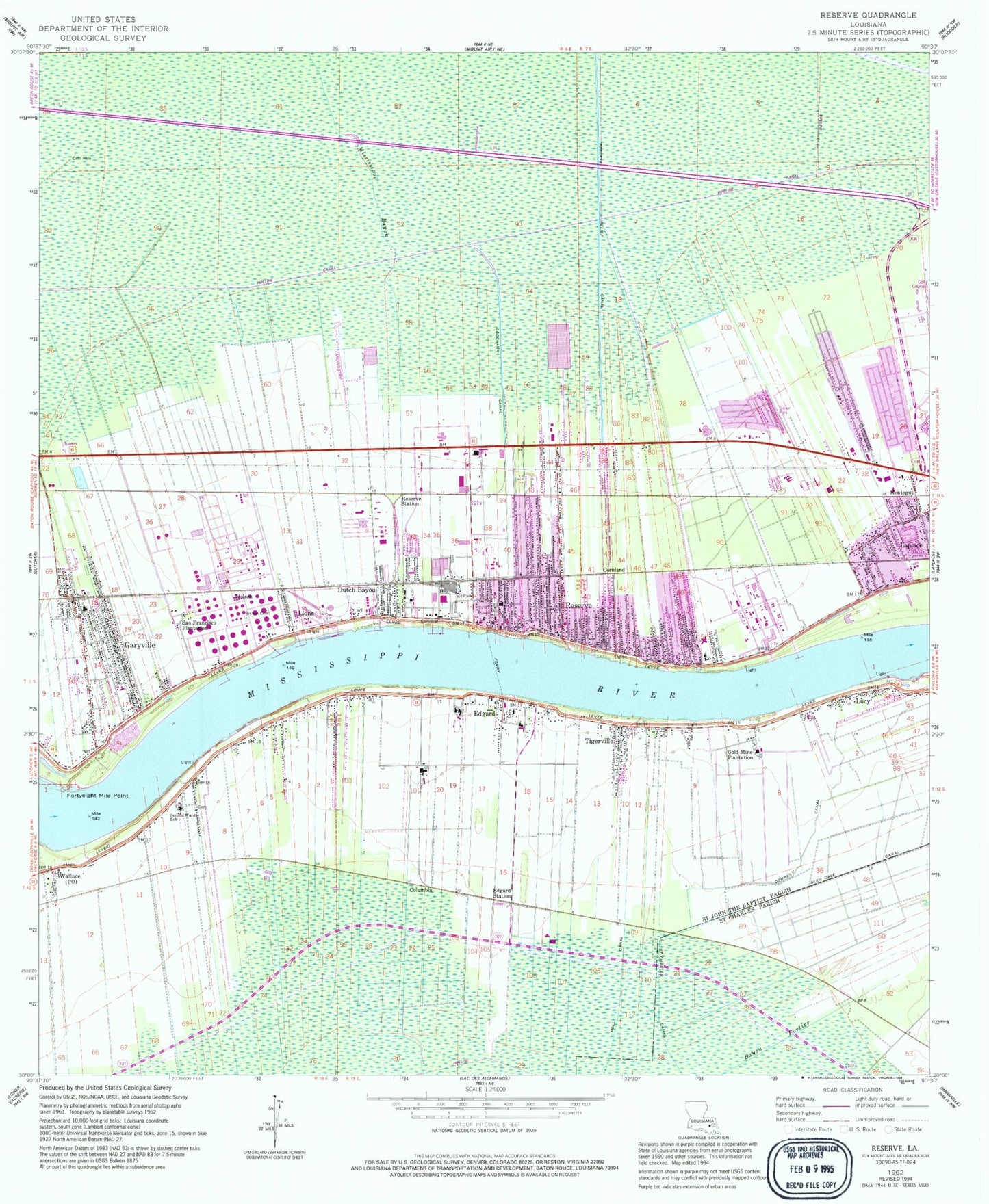 Classic USGS Reserve Louisiana 7.5'x7.5' Topo Map Image