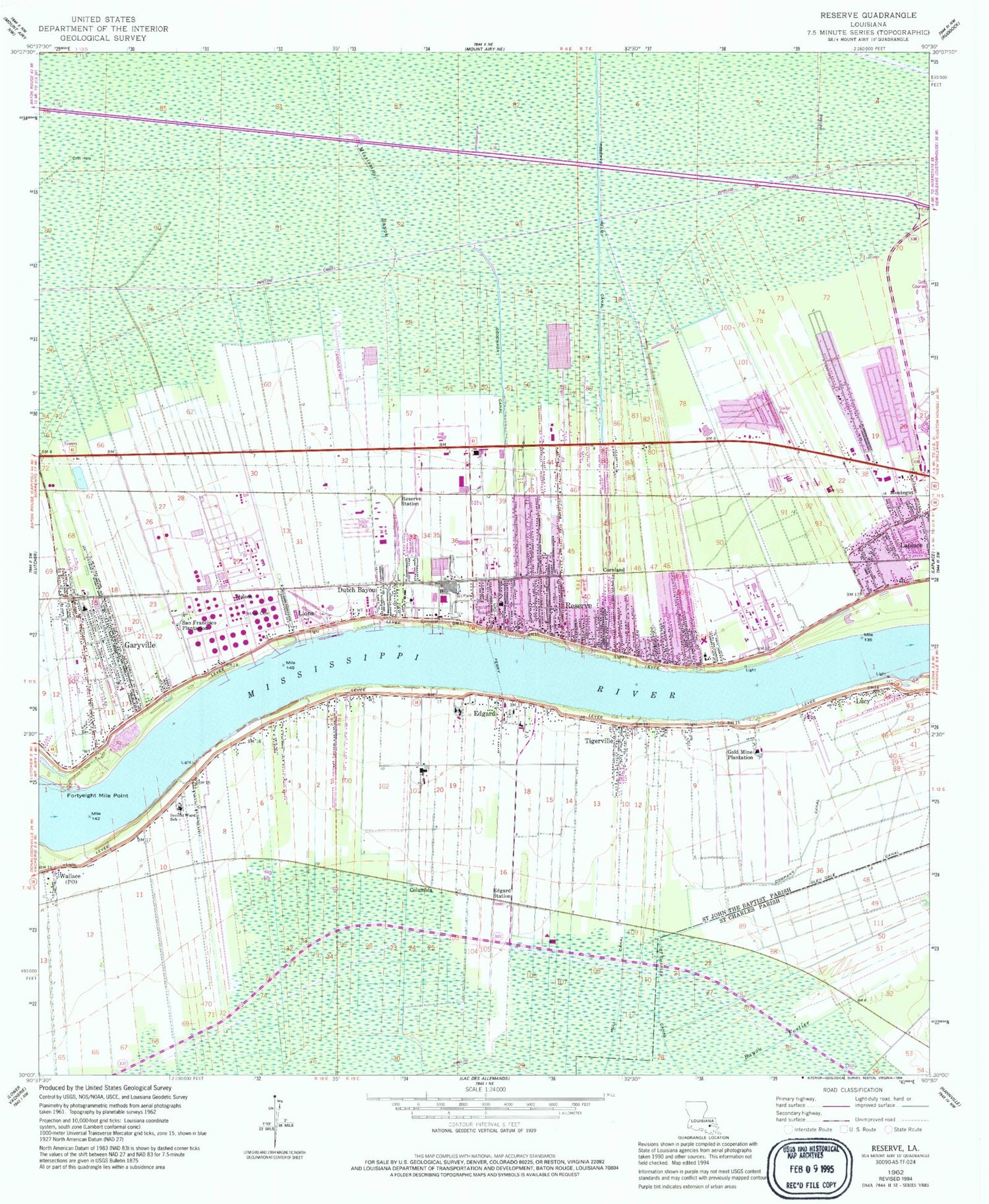 Classic USGS Reserve Louisiana 7.5'x7.5' Topo Map Image