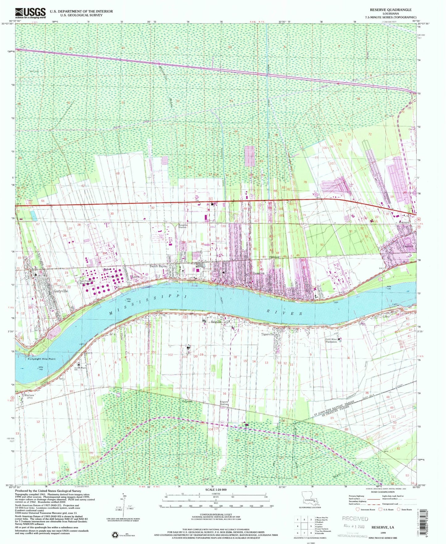 Classic USGS Reserve Louisiana 7.5'x7.5' Topo Map Image