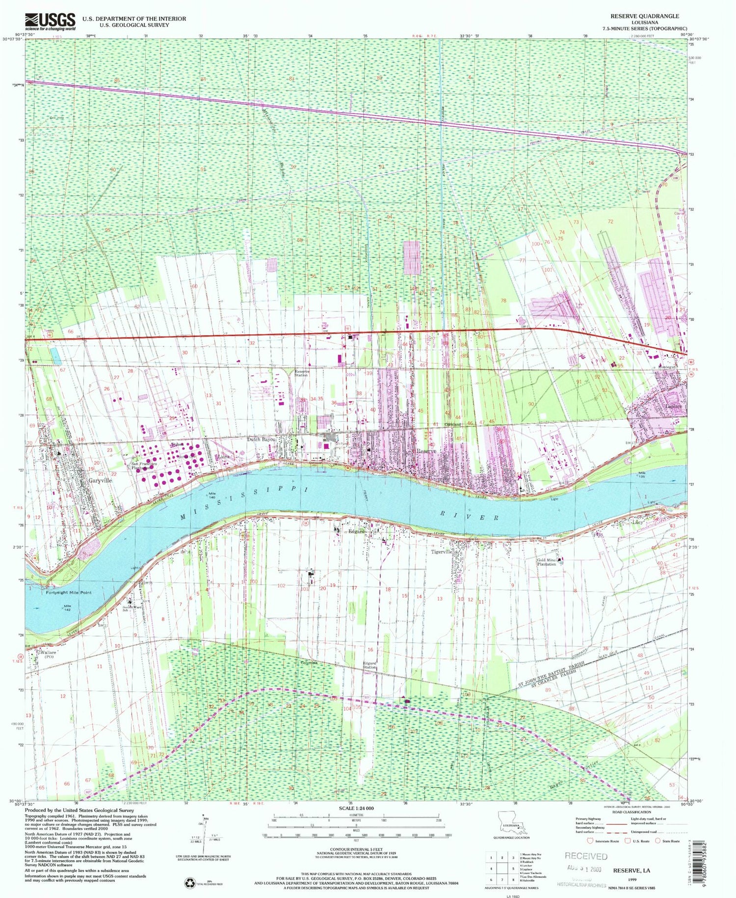 Classic USGS Reserve Louisiana 7.5'x7.5' Topo Map Image