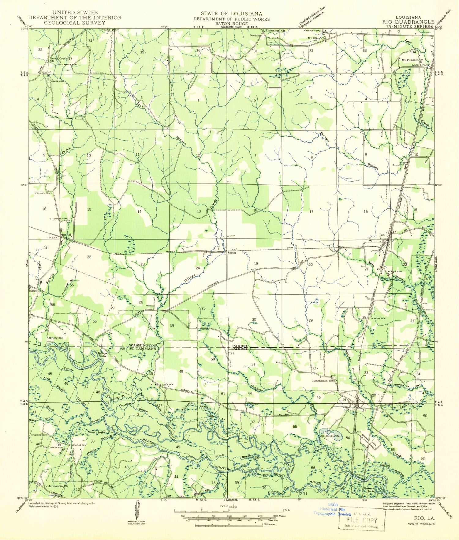 Classic USGS Sun Louisiana 7.5'x7.5' Topo Map Image