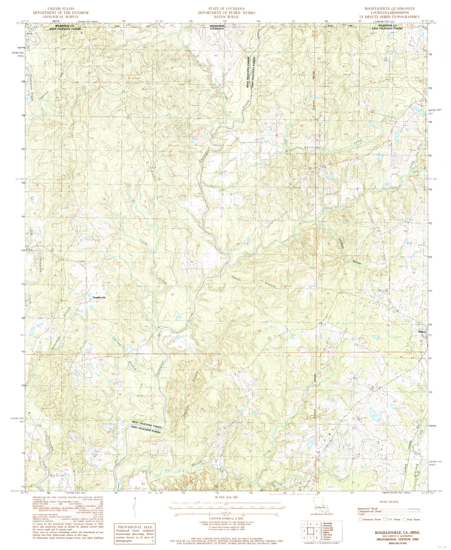 Classic USGS Rogillioville Louisiana 7.5'x7.5' Topo Map Image